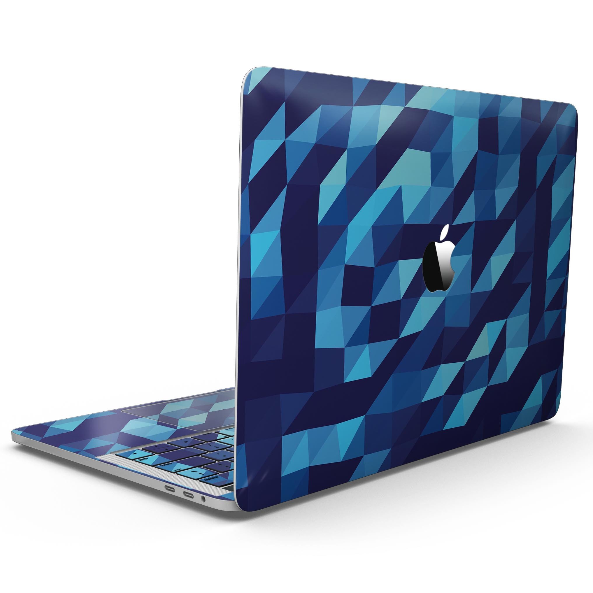 50 Shades of Blue Geometric Triangles skin for 13" MacBook Pro without Touch Bar, showcasing vibrant geometric patterns.