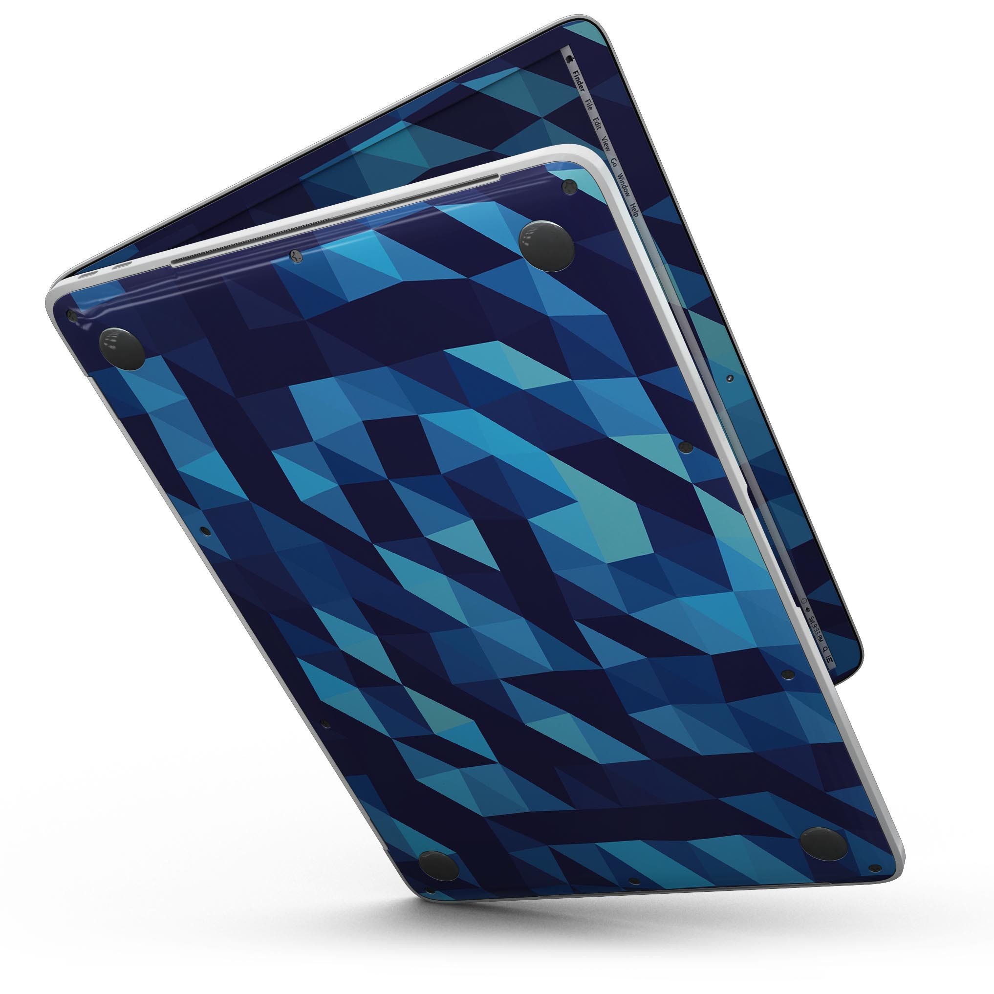 50 Shades of Blue Geometric Triangles skin for 13" MacBook Pro without Touch Bar, showcasing vibrant geometric patterns.