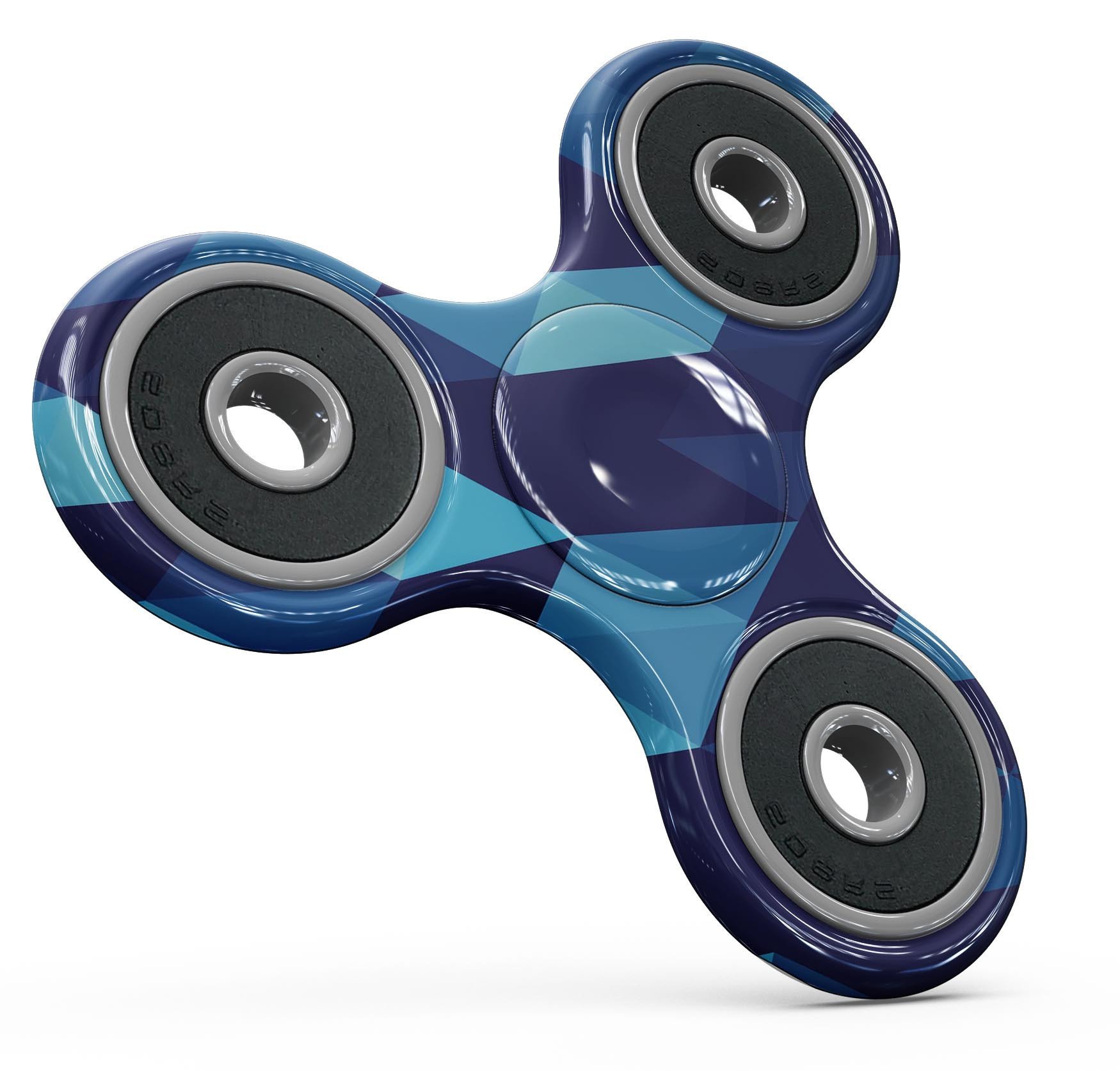 A full-body fidget spinner skin featuring a geometric triangle design in various shades of blue, showcasing its vibrant colors and texture.
