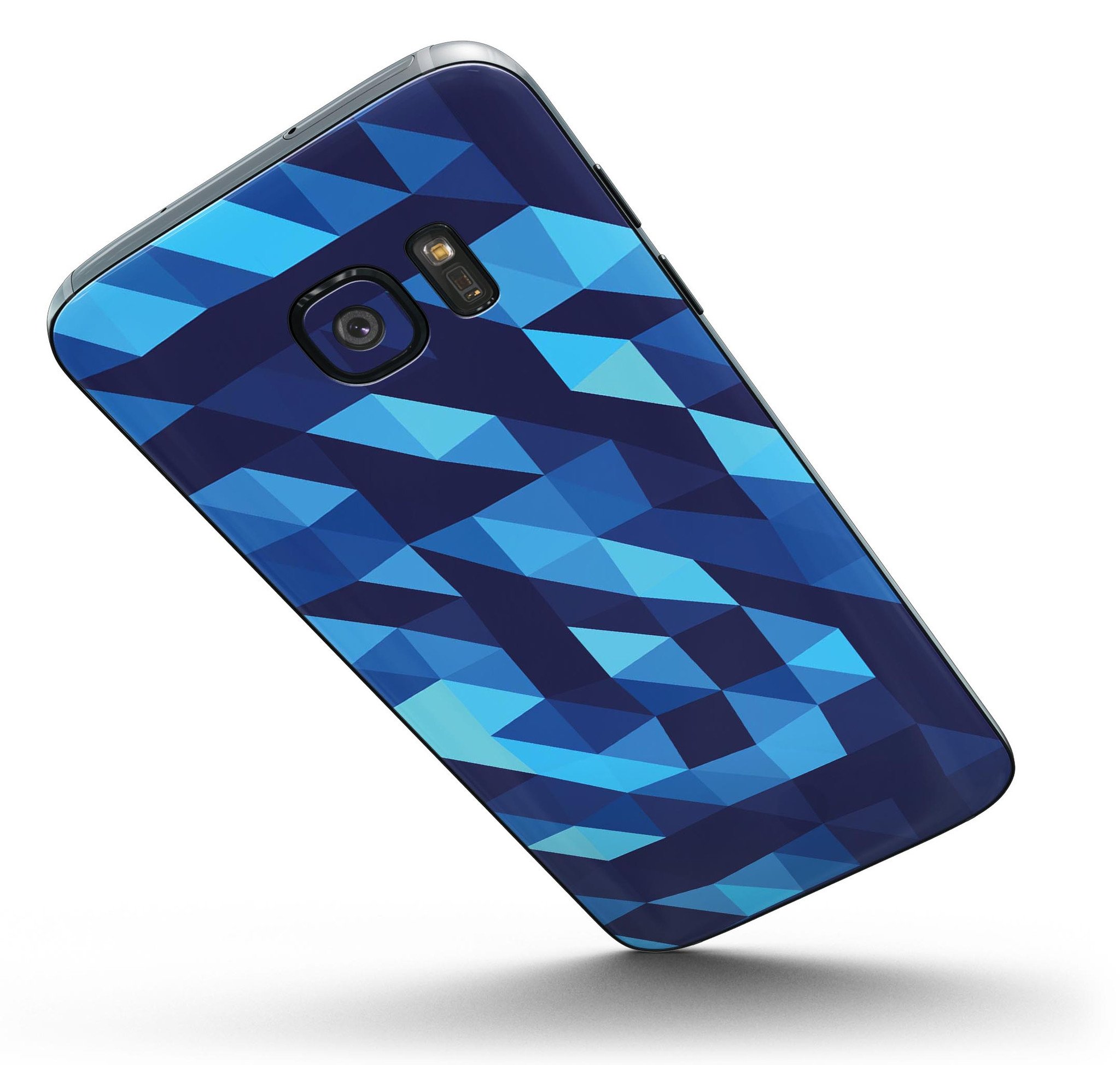 50 Shades of Blue Geometric Triangles skin kit for Samsung Galaxy S7 Edge, showcasing vibrant blue geometric patterns on premium vinyl.