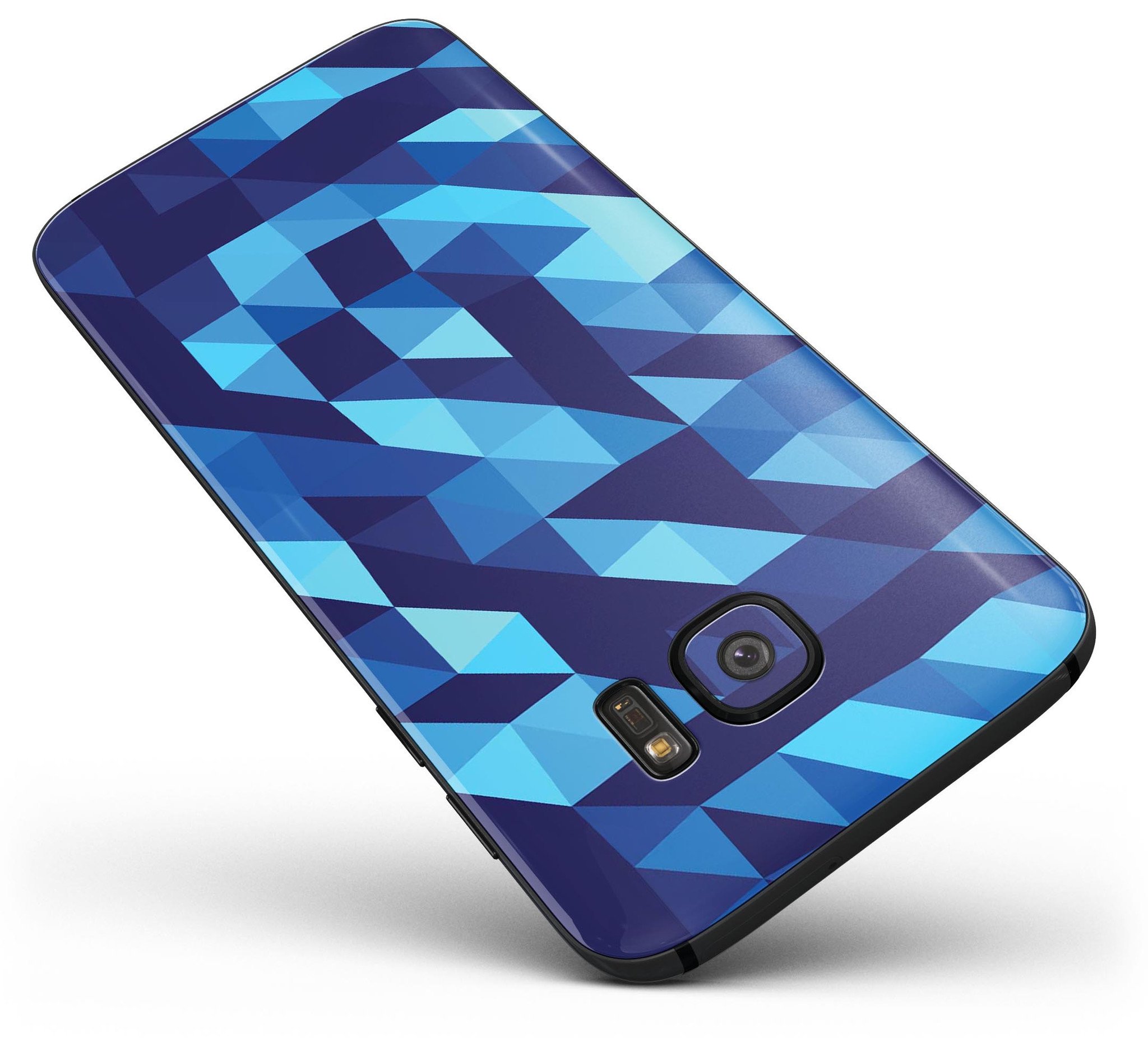 50 Shades of Blue Geometric Triangles skin kit for Samsung Galaxy S7 Edge, showcasing vibrant blue geometric patterns on premium vinyl.