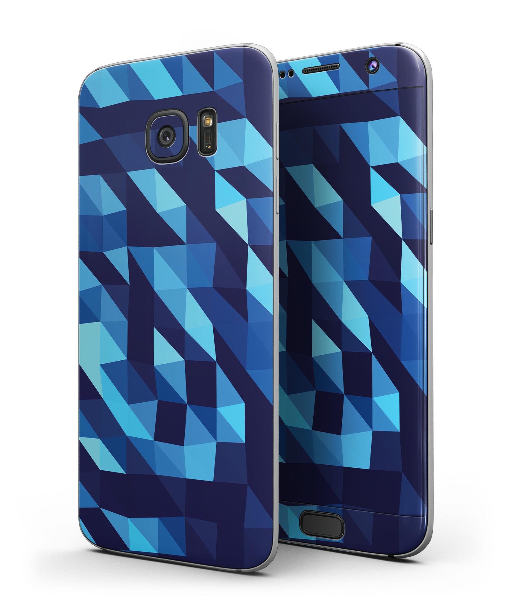 Full-body skin kit for Samsung Galaxy S7 Edge featuring a geometric triangle design in various shades of blue.