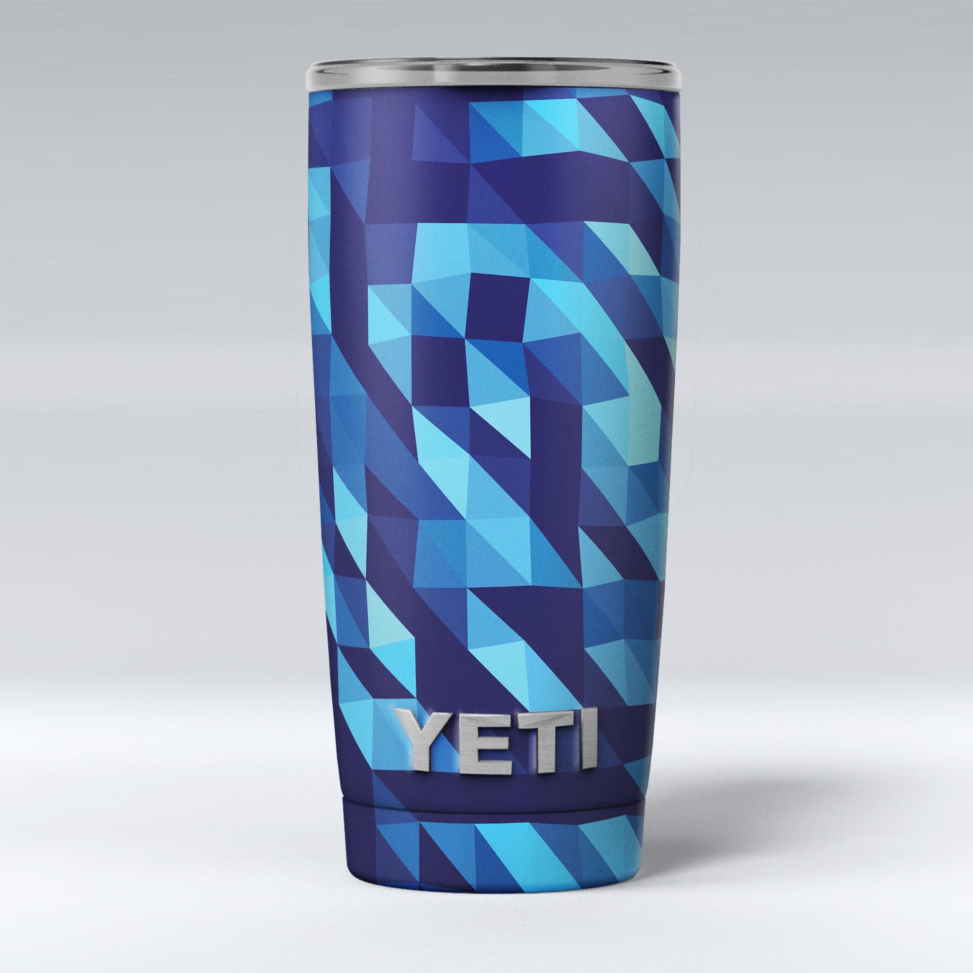 50 Shades of Blue Geometric Triangles skin decal vinyl wrap kit for Yeti Coolers, showcasing vibrant geometric patterns and premium quality.