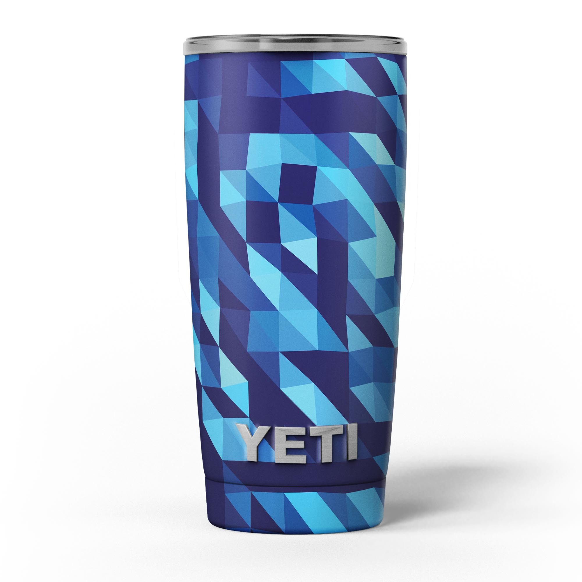 50 Shades of Blue Geometric Triangles skin decal vinyl wrap kit for Yeti Coolers, showcasing vibrant geometric patterns and premium quality.
