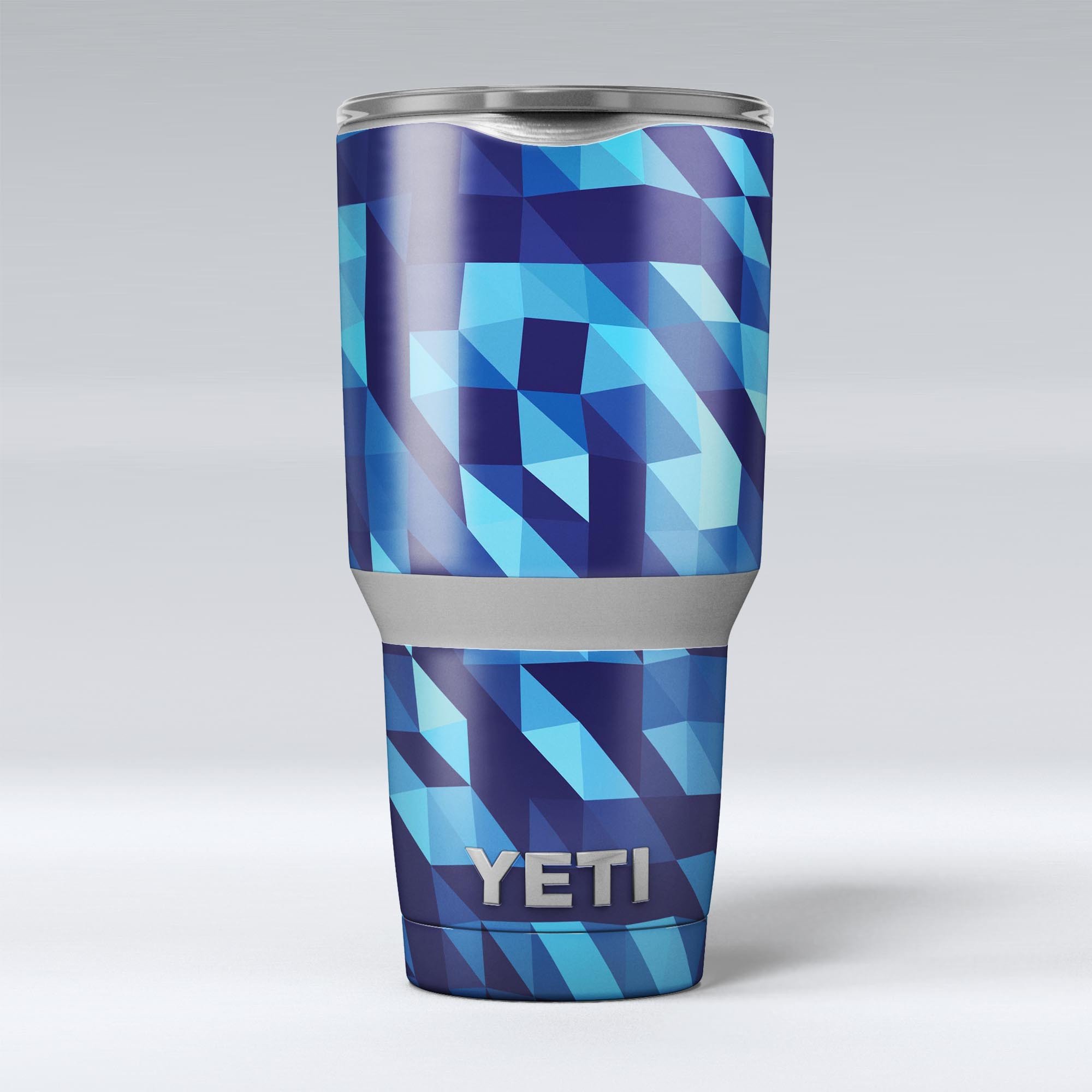 50 Shades of Blue Geometric Triangles skin decal vinyl wrap kit for Yeti Coolers, showcasing vibrant geometric patterns and premium quality.