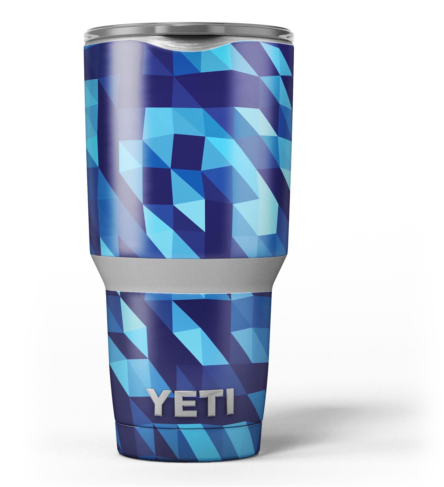 50 Shades of Blue Geometric Triangles skin decal vinyl wrap kit for Yeti Coolers, showcasing vibrant geometric patterns and premium quality.