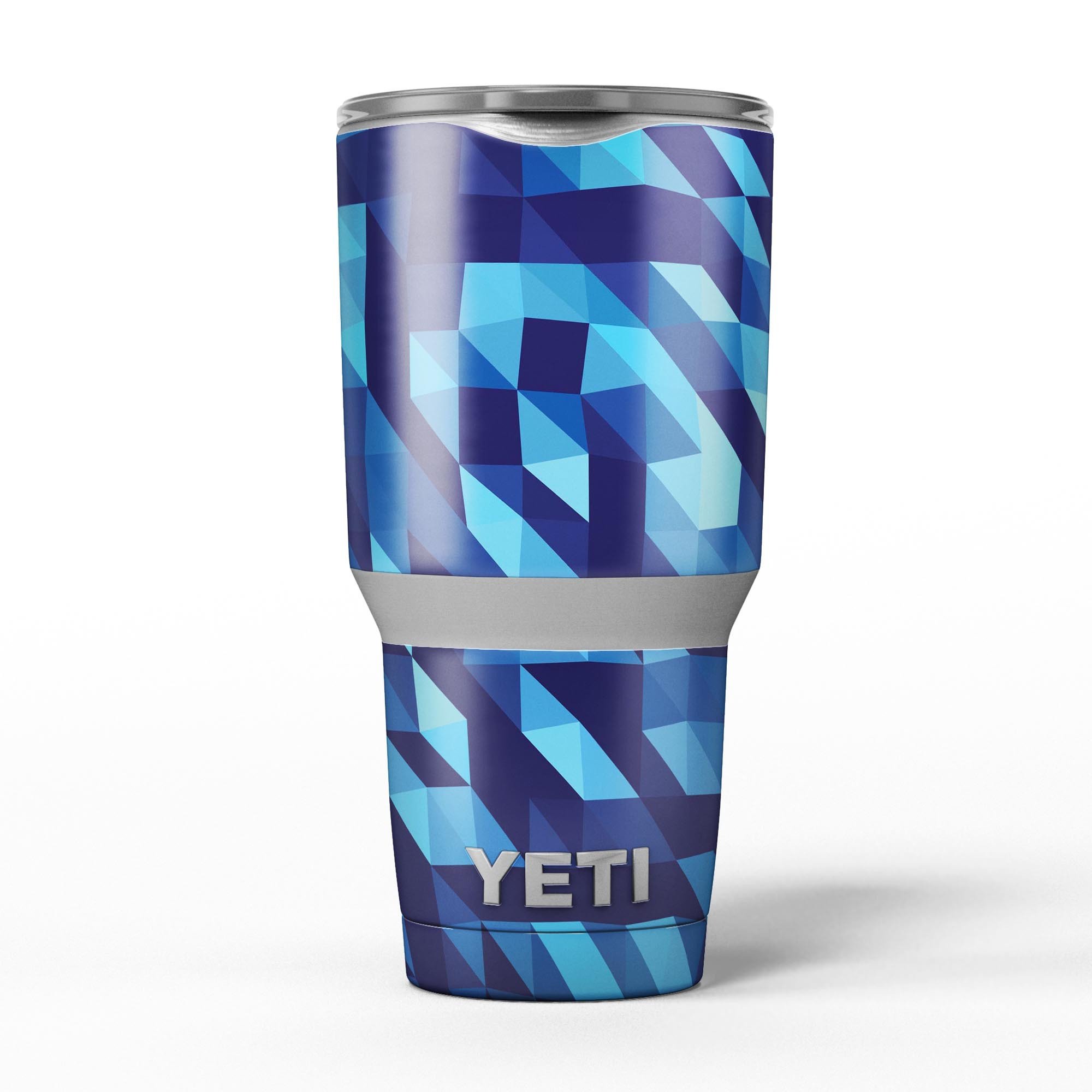 50 Shades of Blue Geometric Triangles skin decal vinyl wrap kit for Yeti Coolers, showcasing vibrant geometric patterns and premium quality.