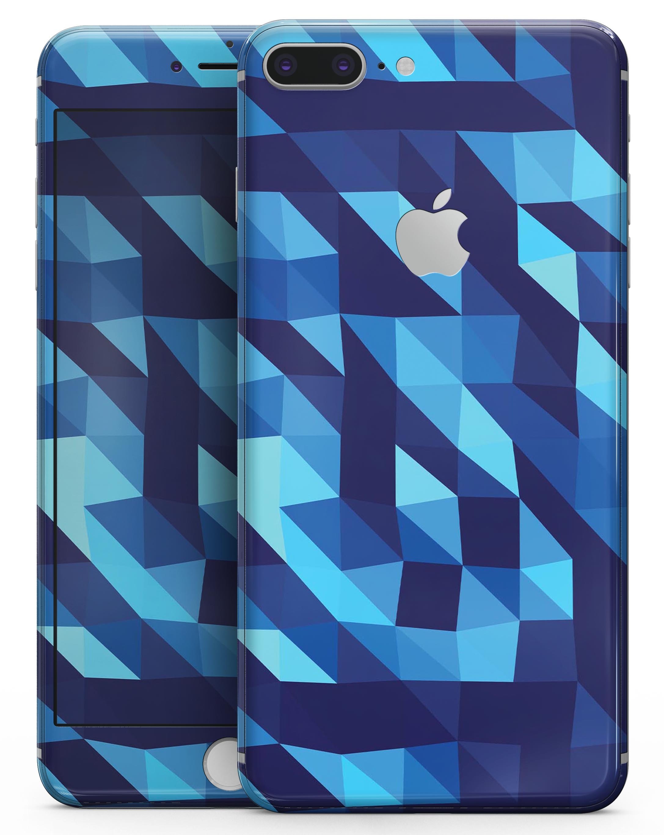 Stylish 50 Shades of Blue Geometric Triangles skin for iPhone 8 and 8 Plus, showcasing vibrant colors and geometric patterns.