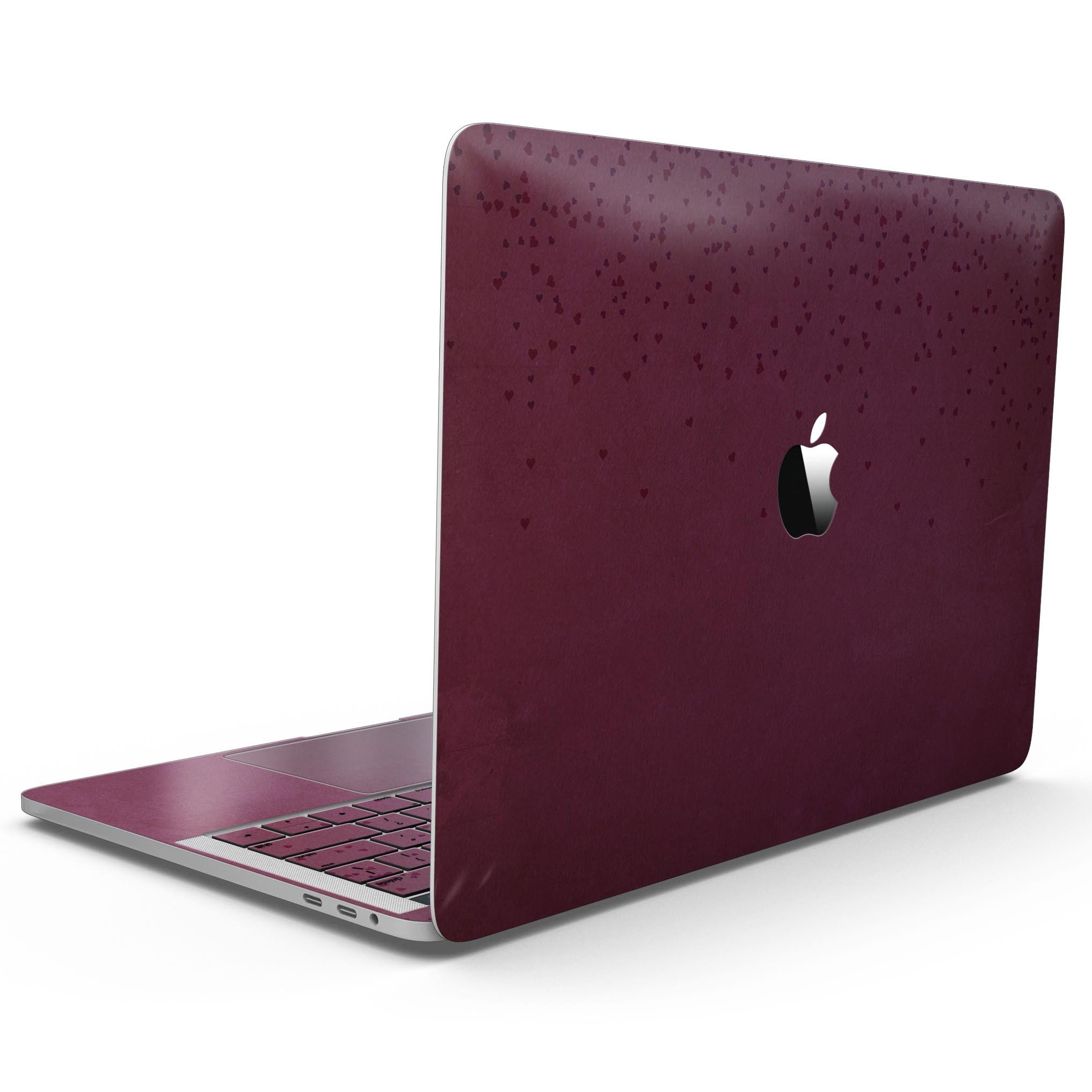50 Shades of Burgundy Micro Hearts skin for MacBook Pro with Touch Bar, showcasing a stylish design and premium vinyl material.