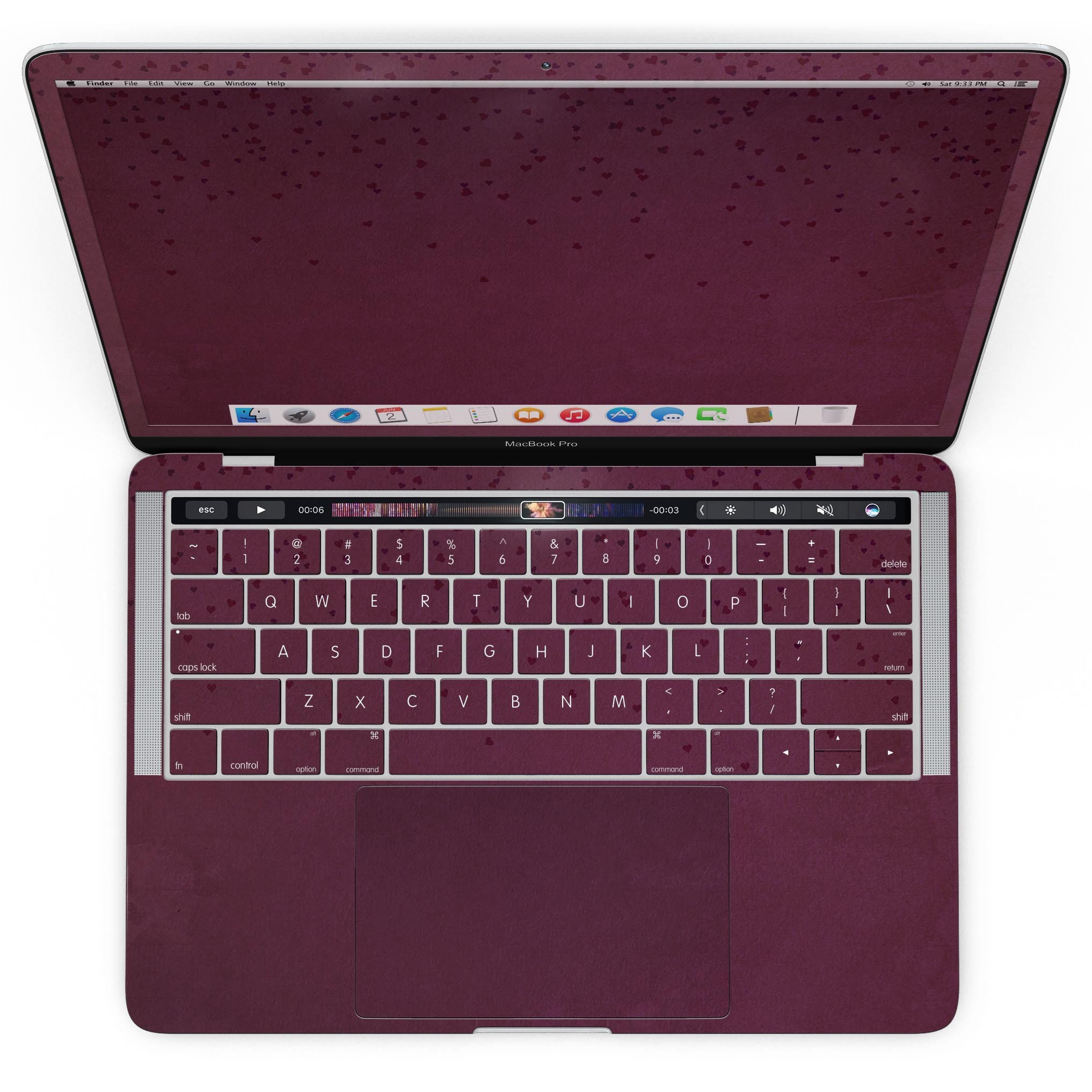 50 Shades of Burgundy Micro Hearts skin for MacBook Pro with Touch Bar, showcasing a stylish design and premium vinyl material.
