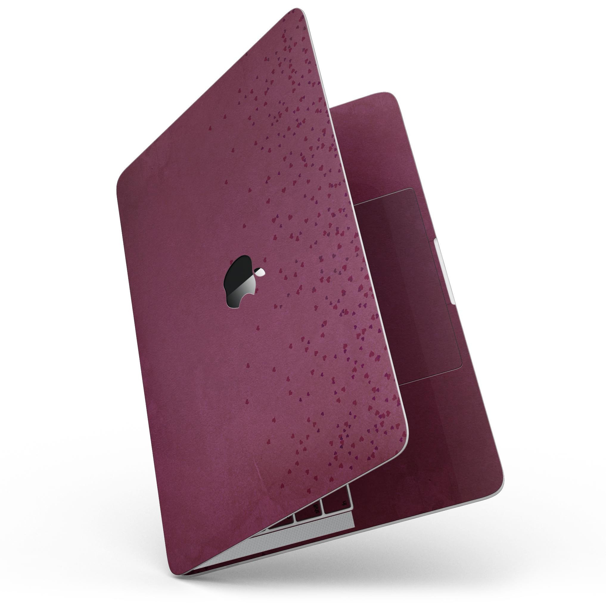 50 Shades of Burgundy Micro Hearts skin for MacBook Pro with Touch Bar, showcasing a stylish design and premium vinyl material.