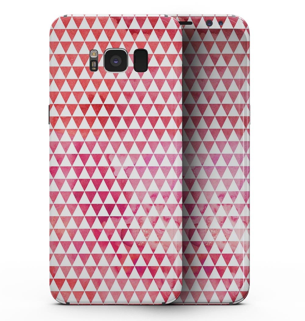Samsung Galaxy S8 with a vibrant 50 Shades of Pink Micro Triangles full-body skin, showcasing its stylish design and precise fit.