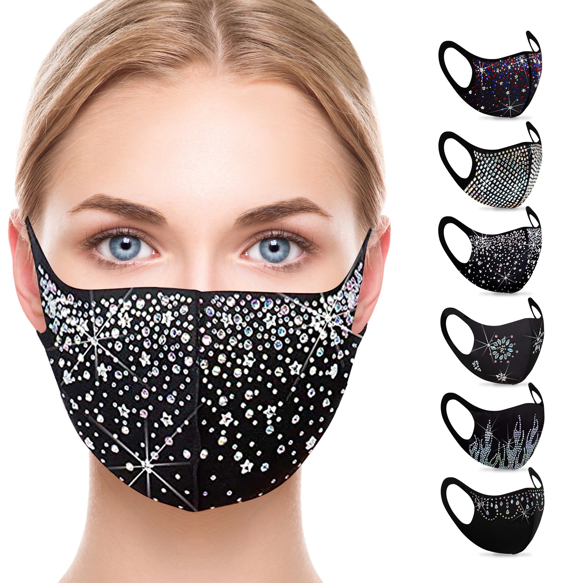 A vibrant assortment of 6 rhinestone face masks in various colors, showcasing their stylish design and lightweight fabric.