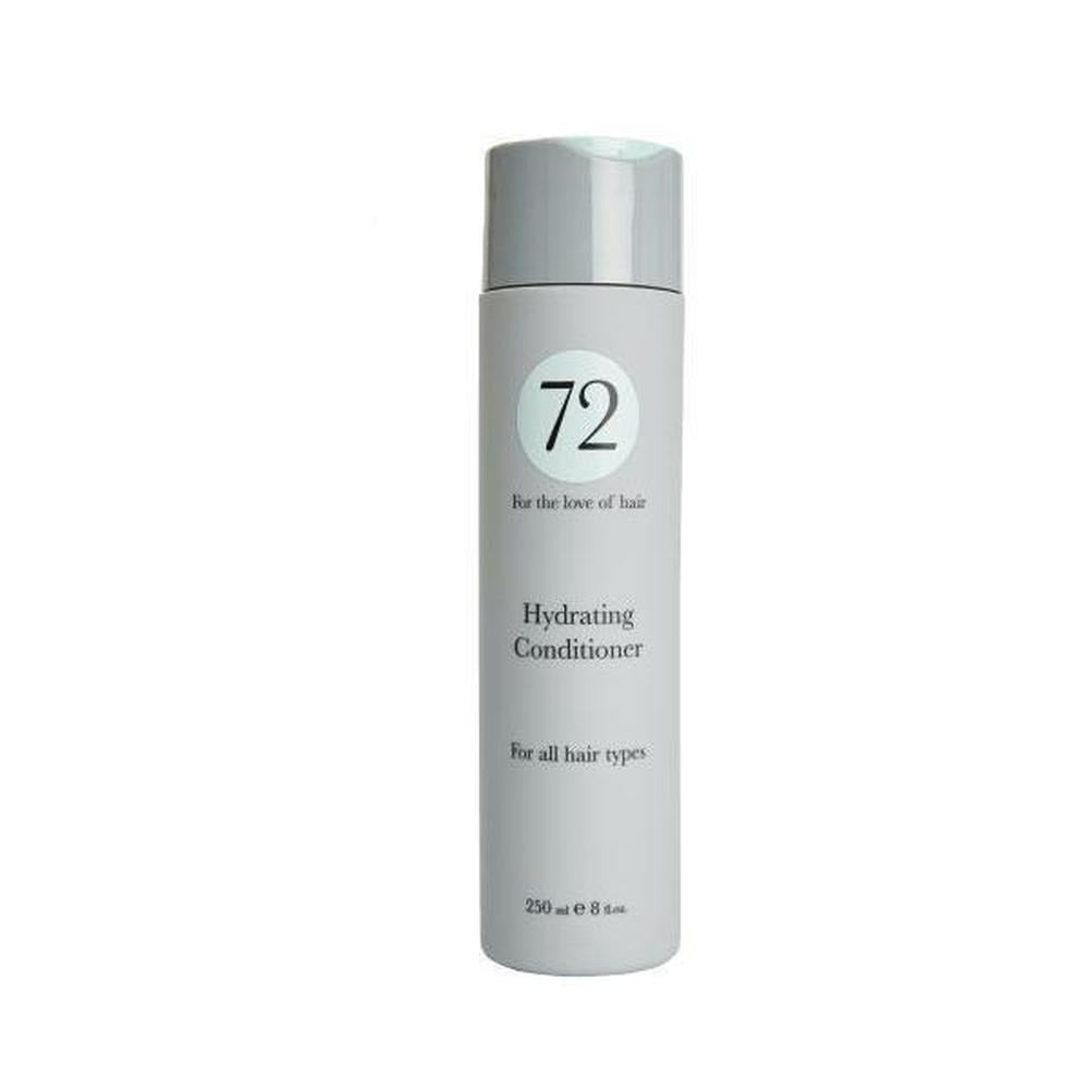 A bottle of 72 Hair Hydrating Conditioner with a sleek design, showcasing its vegan and award-winning features.