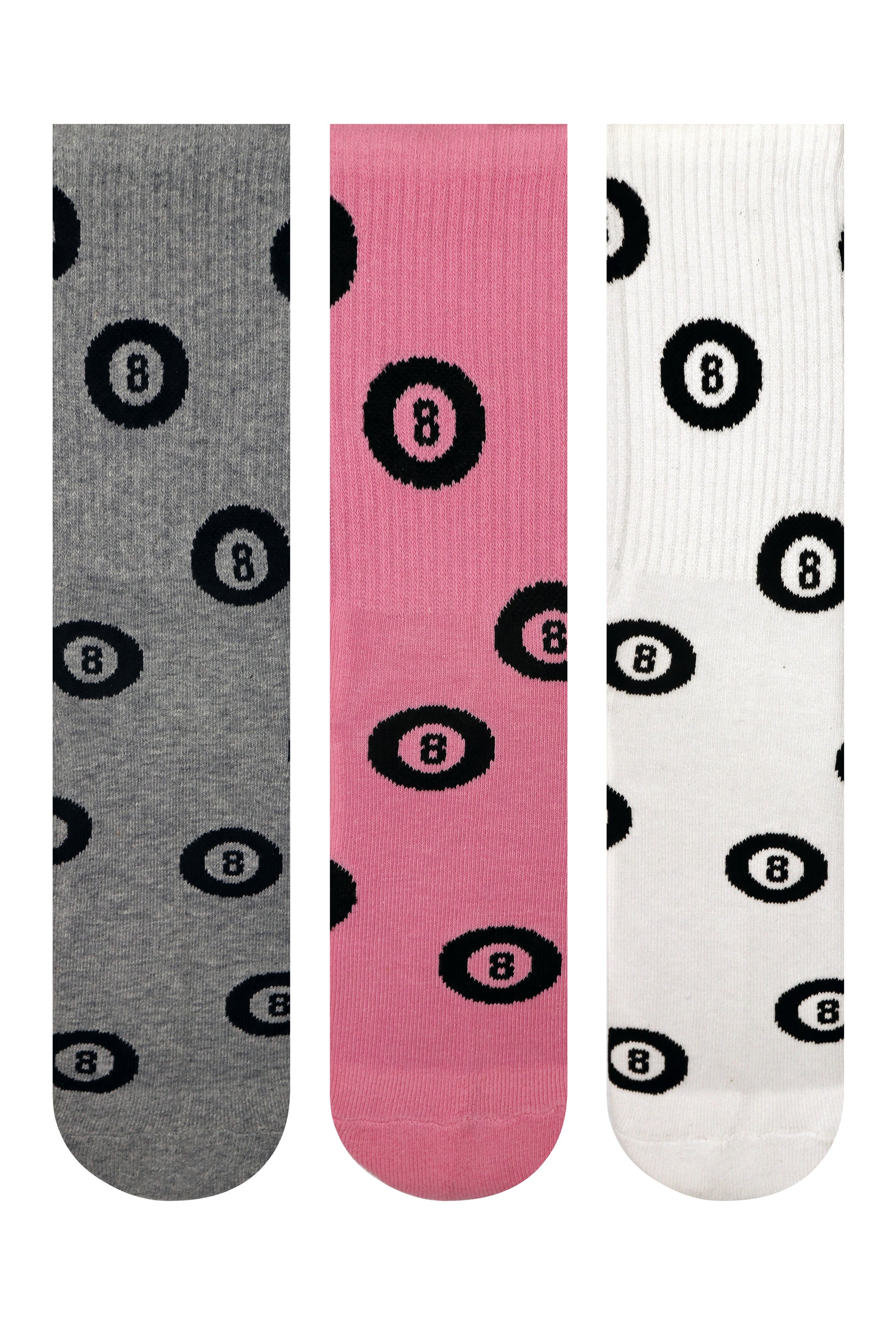 MOXY 8-Ball Crew Socks featuring an all-over 8-ball pattern in White, Gray, and Pink colors.