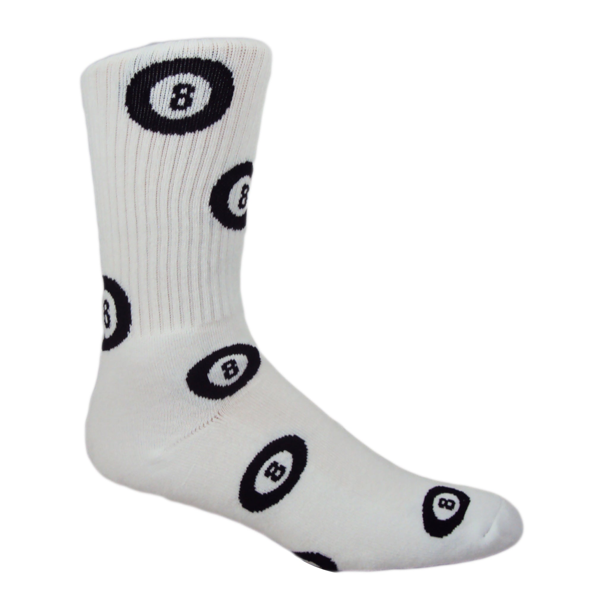 MOXY 8-Ball Crew Socks featuring an all-over 8-ball pattern in White, Gray, and Pink colors.