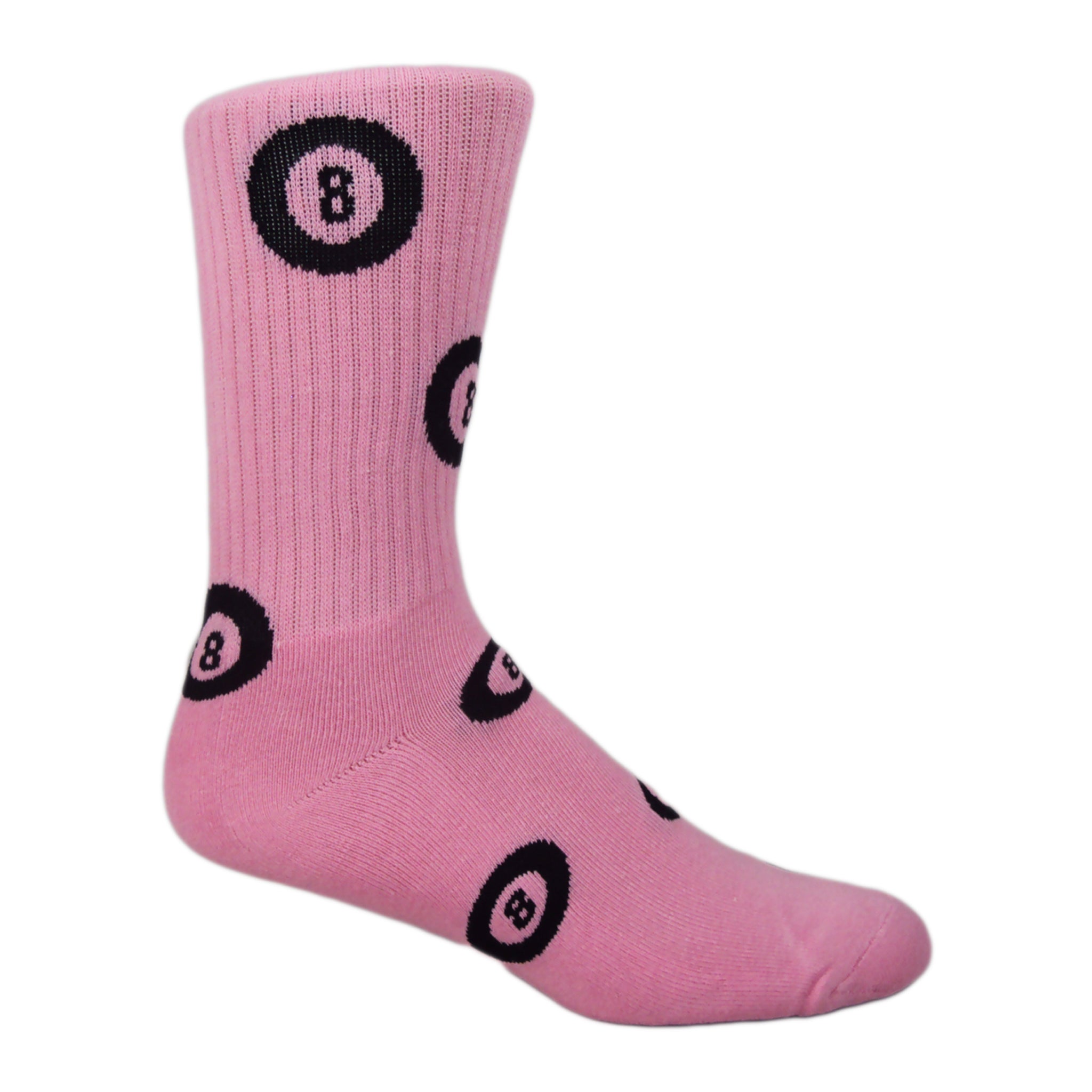 MOXY 8-Ball Crew Socks featuring an all-over 8-ball pattern in White, Gray, and Pink colors.