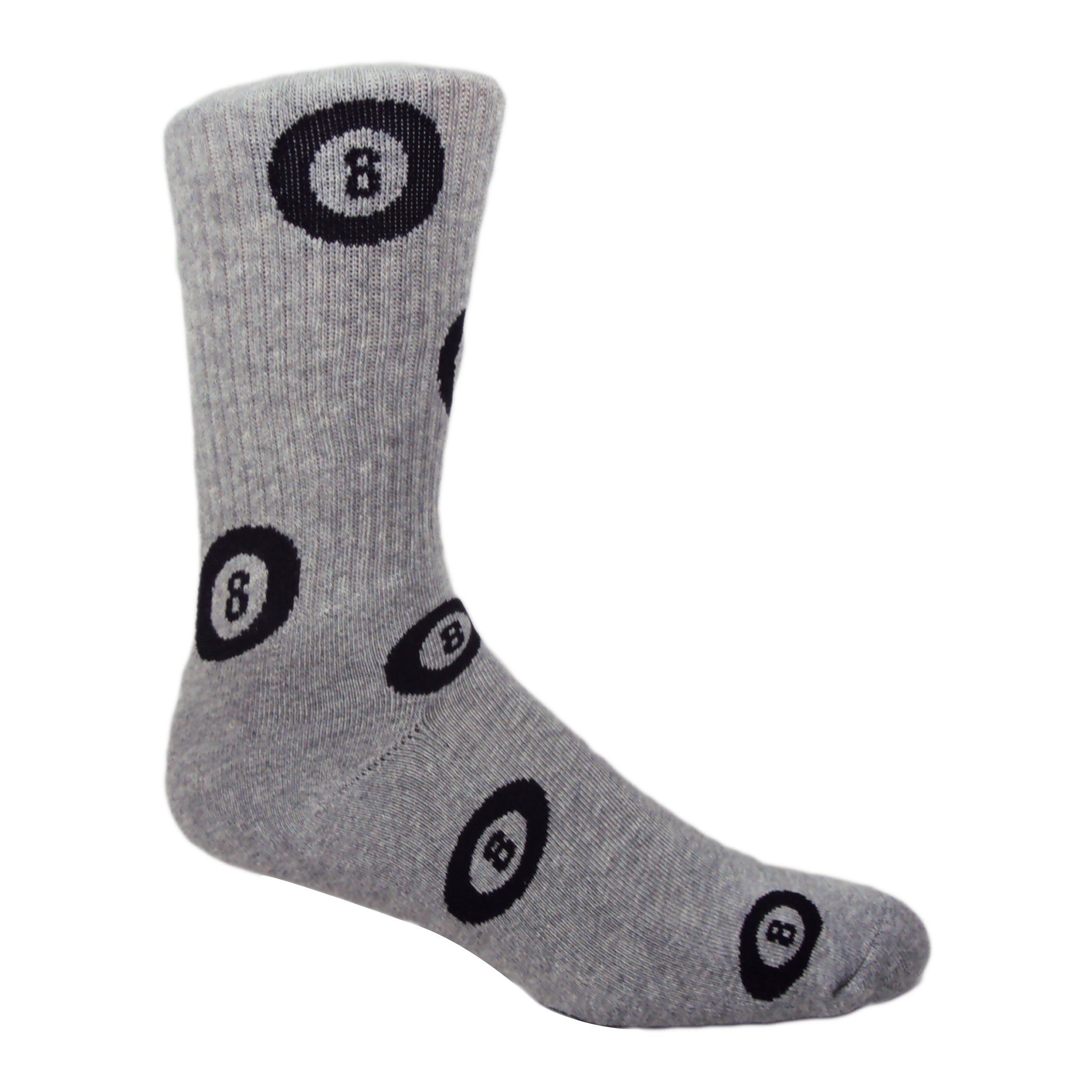 MOXY 8-Ball Crew Socks featuring an all-over 8-ball pattern in White, Gray, and Pink colors.