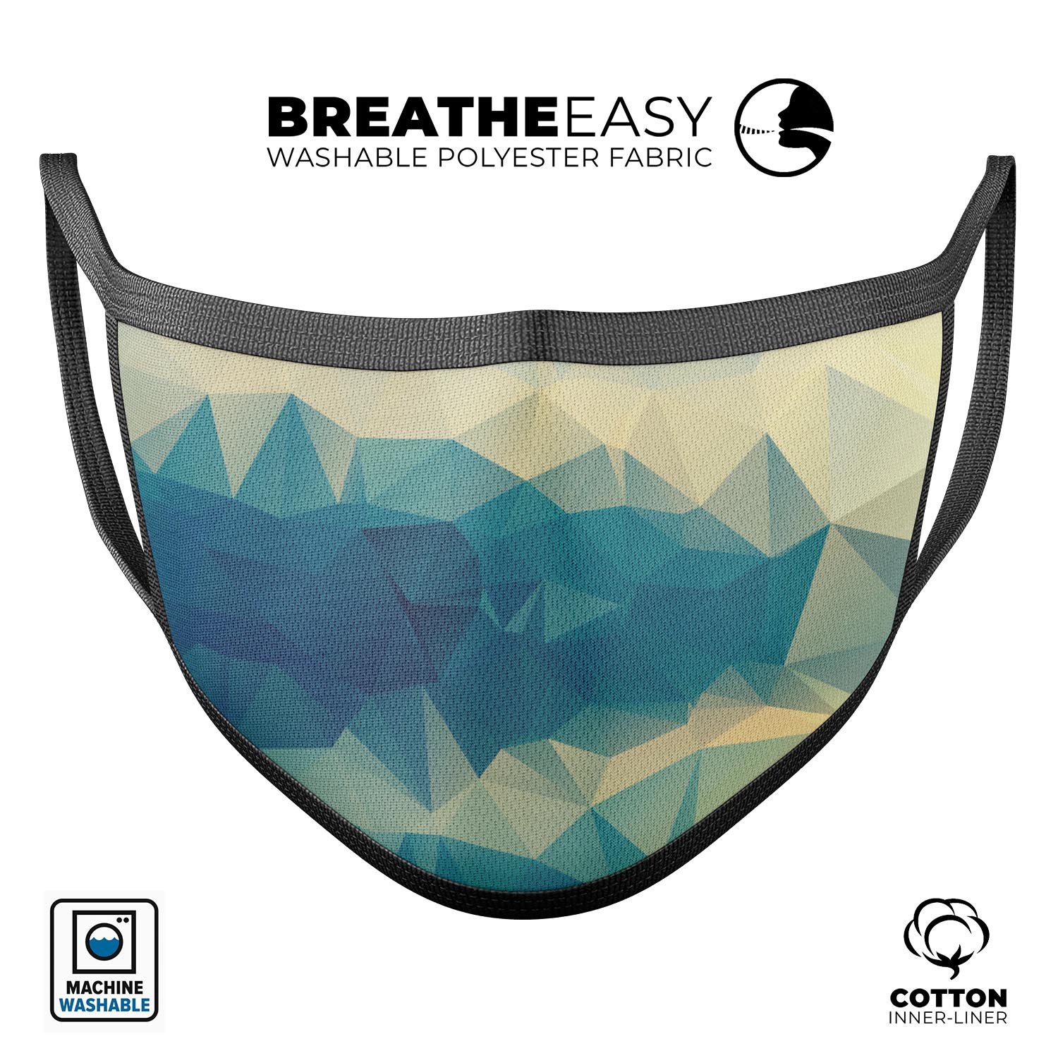 Abstract Aqua and Gold Geometric Shapes mouth cover, showcasing vibrant colors and a unique design, made in the USA.