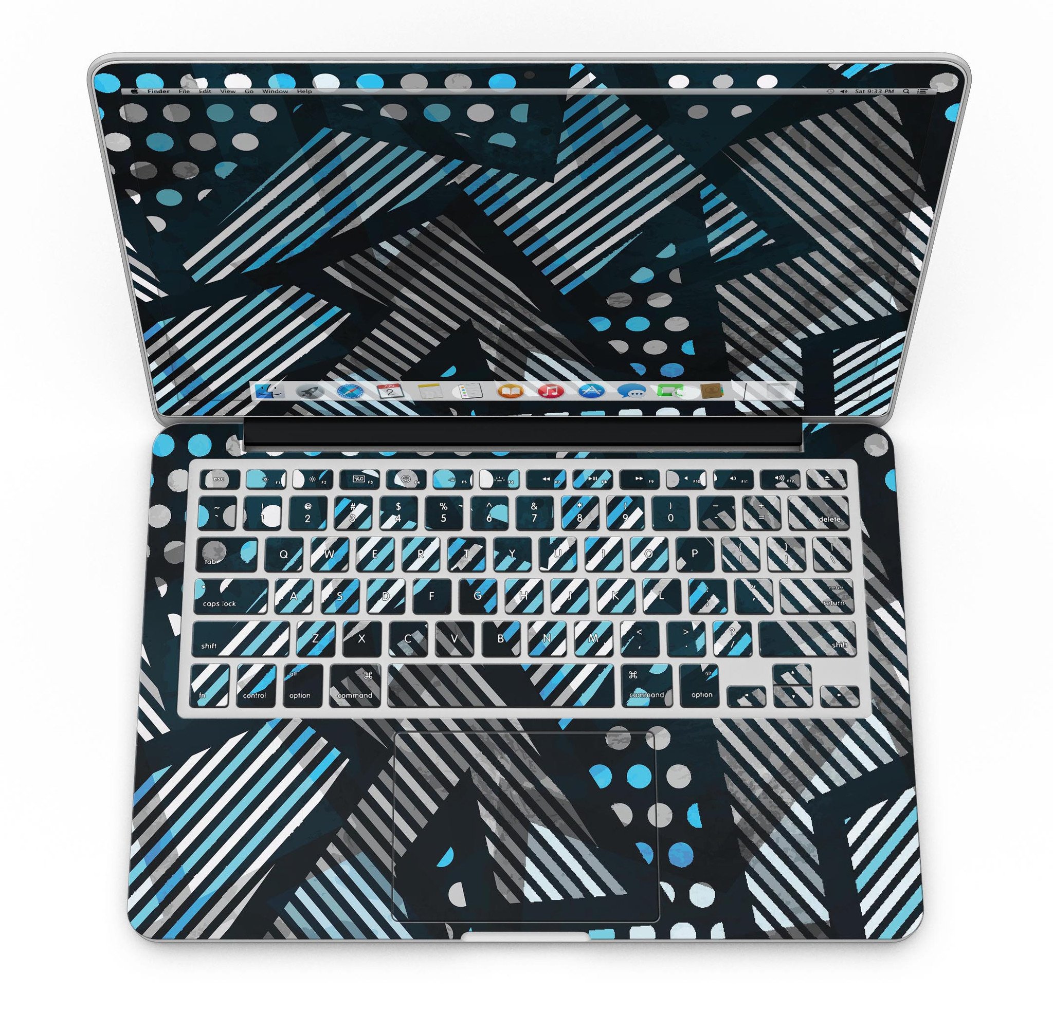 Abstract Black and Blue Overlap skin for MacBook Pro with Retina Display, showcasing a stylish design that protects the device.