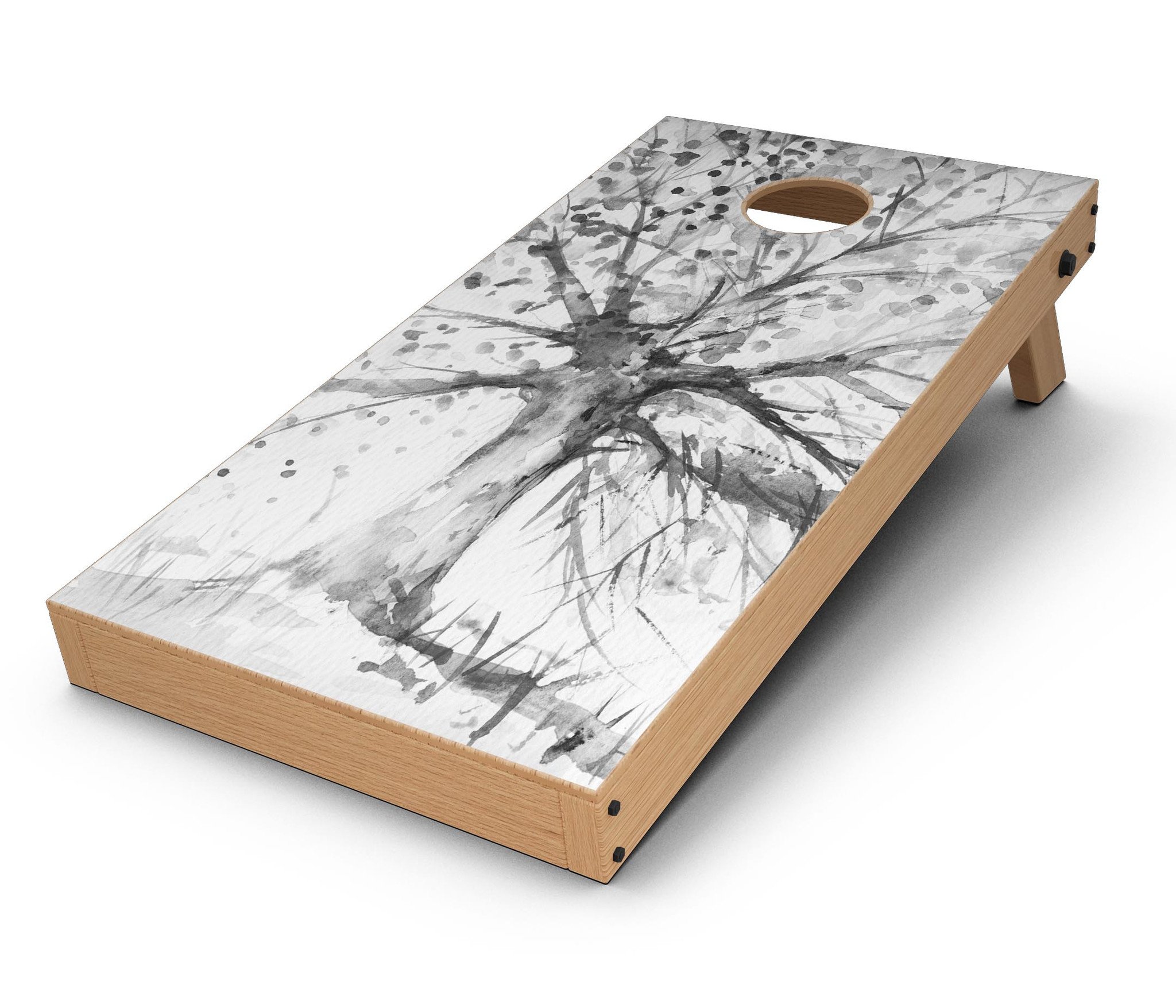 Abstract Black and White WaterColor Vivid Tree Cornhole Board Skin, showcasing a vivid tree design on premium vinyl.