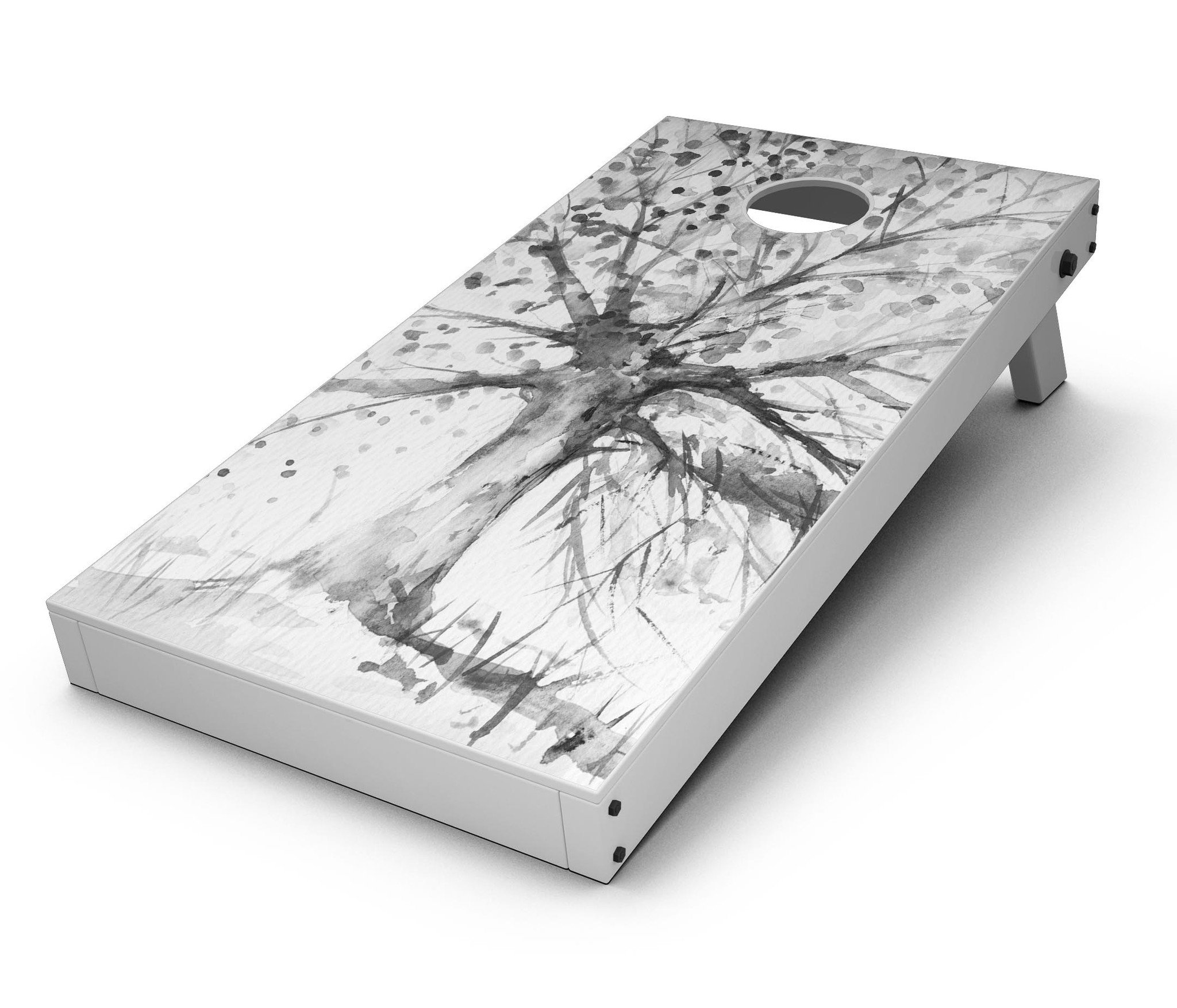 Abstract Black and White WaterColor Vivid Tree Cornhole Board Skin, showcasing a vivid tree design on premium vinyl.