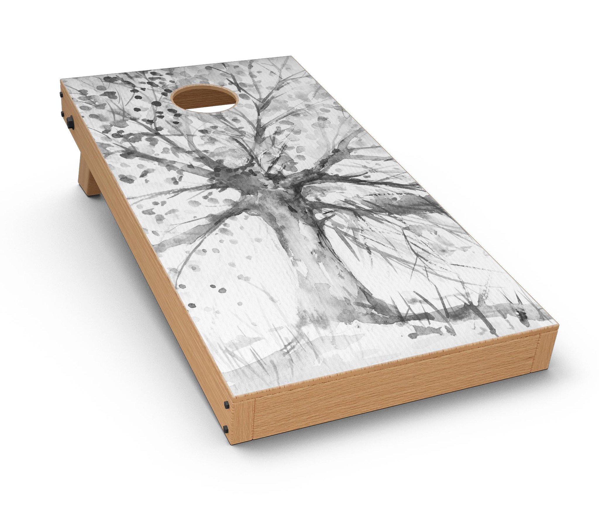 Abstract Black and White WaterColor Vivid Tree Cornhole Board Skin, showcasing a vivid tree design on premium vinyl.