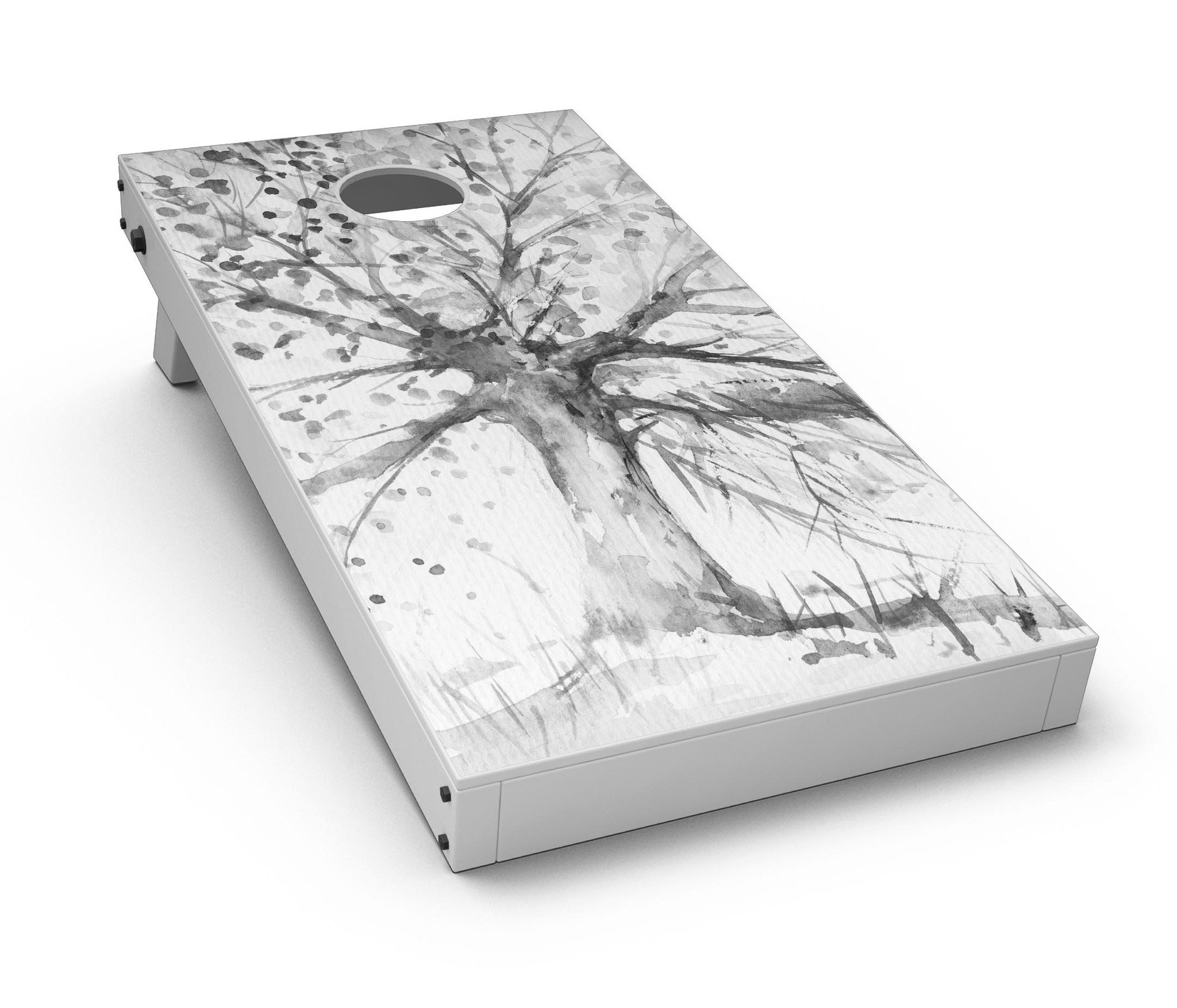 Abstract Black and White WaterColor Vivid Tree Cornhole Board Skin, showcasing a vivid tree design on premium vinyl.