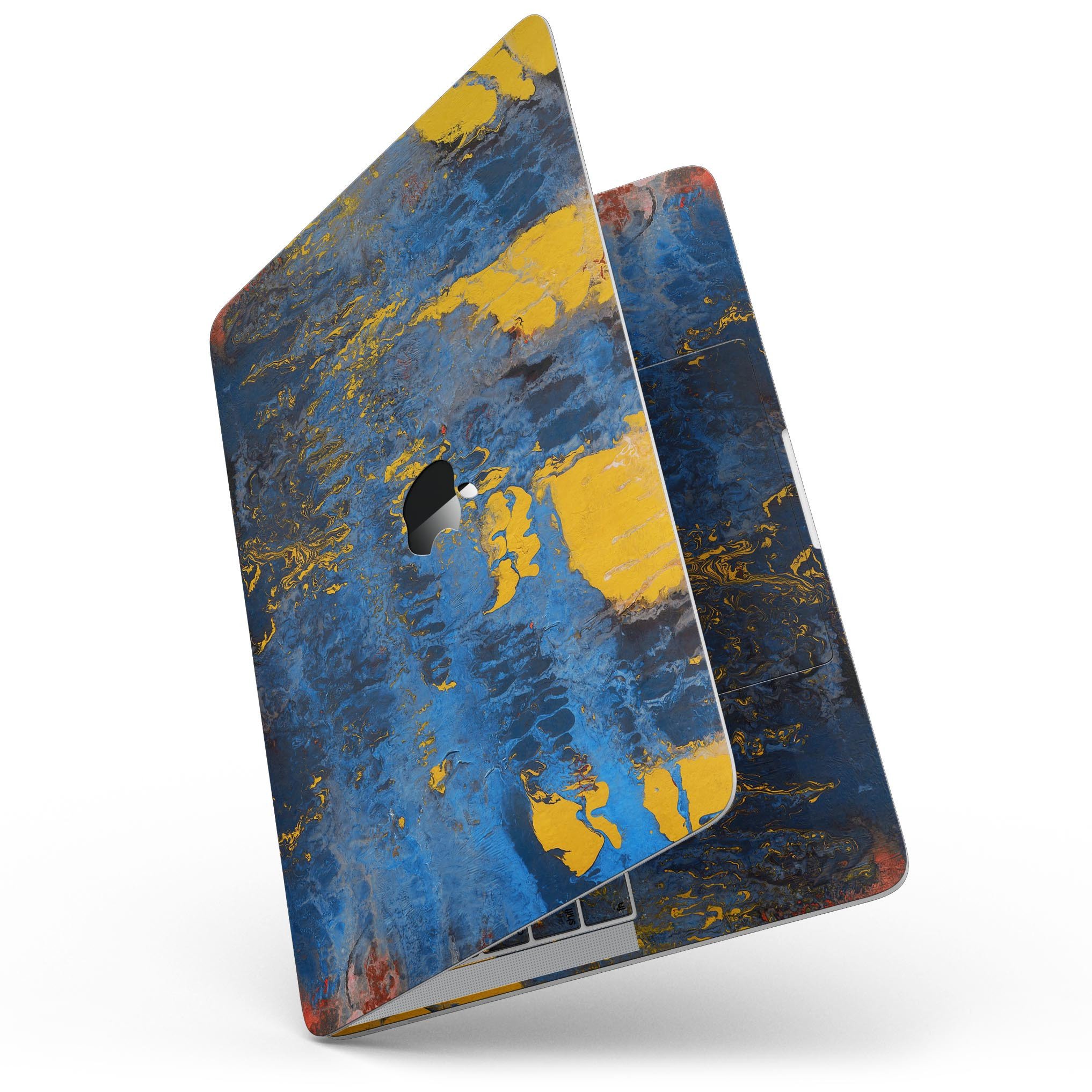 Abstract Blue and Gold Wet Paint skin for 13" MacBook Pro without Touch Bar, showcasing vibrant colors and sleek design.