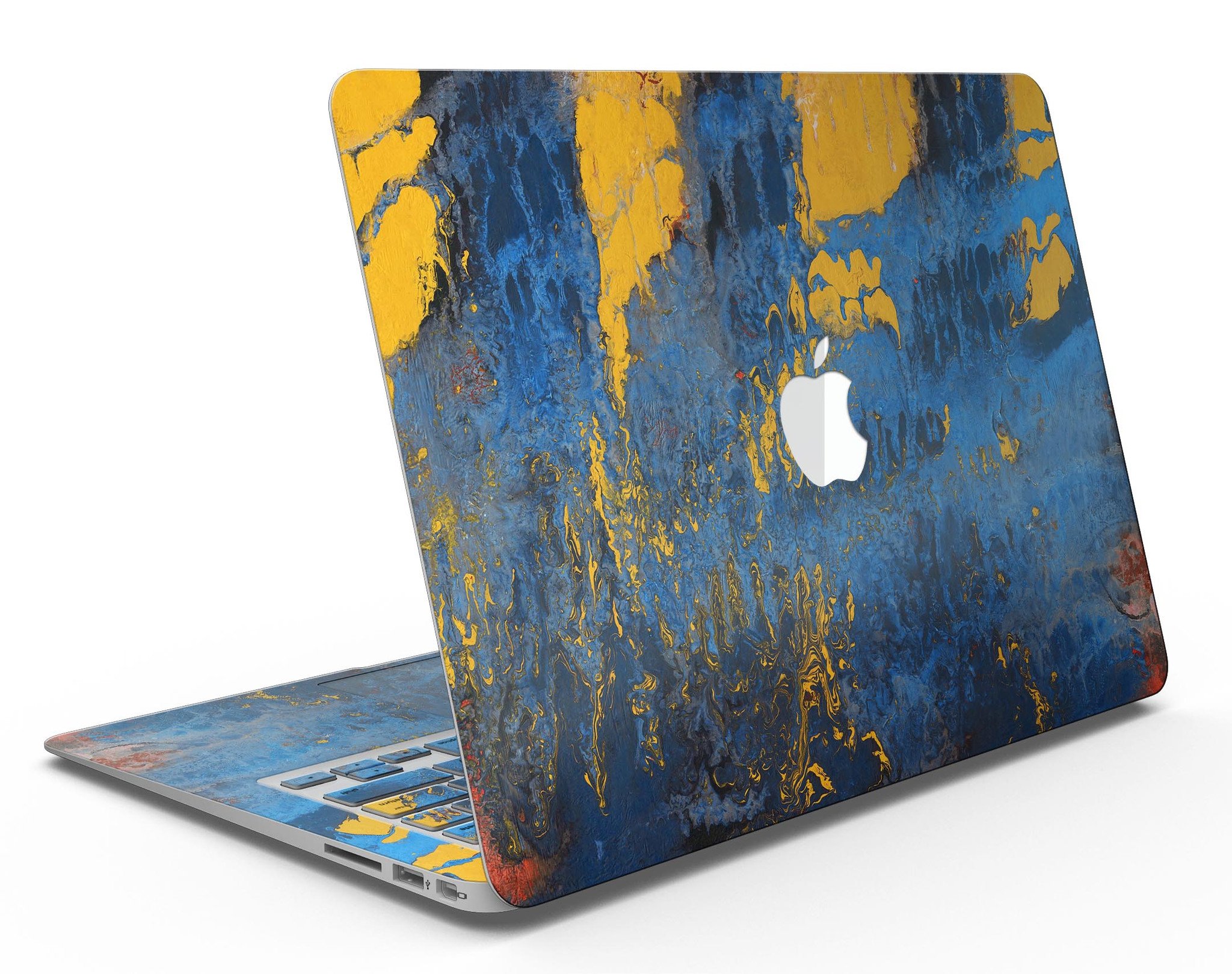 Abstract Blue and Gold Wet Paint skin for MacBook Air, showcasing vibrant colors and artistic design on a sleek device.