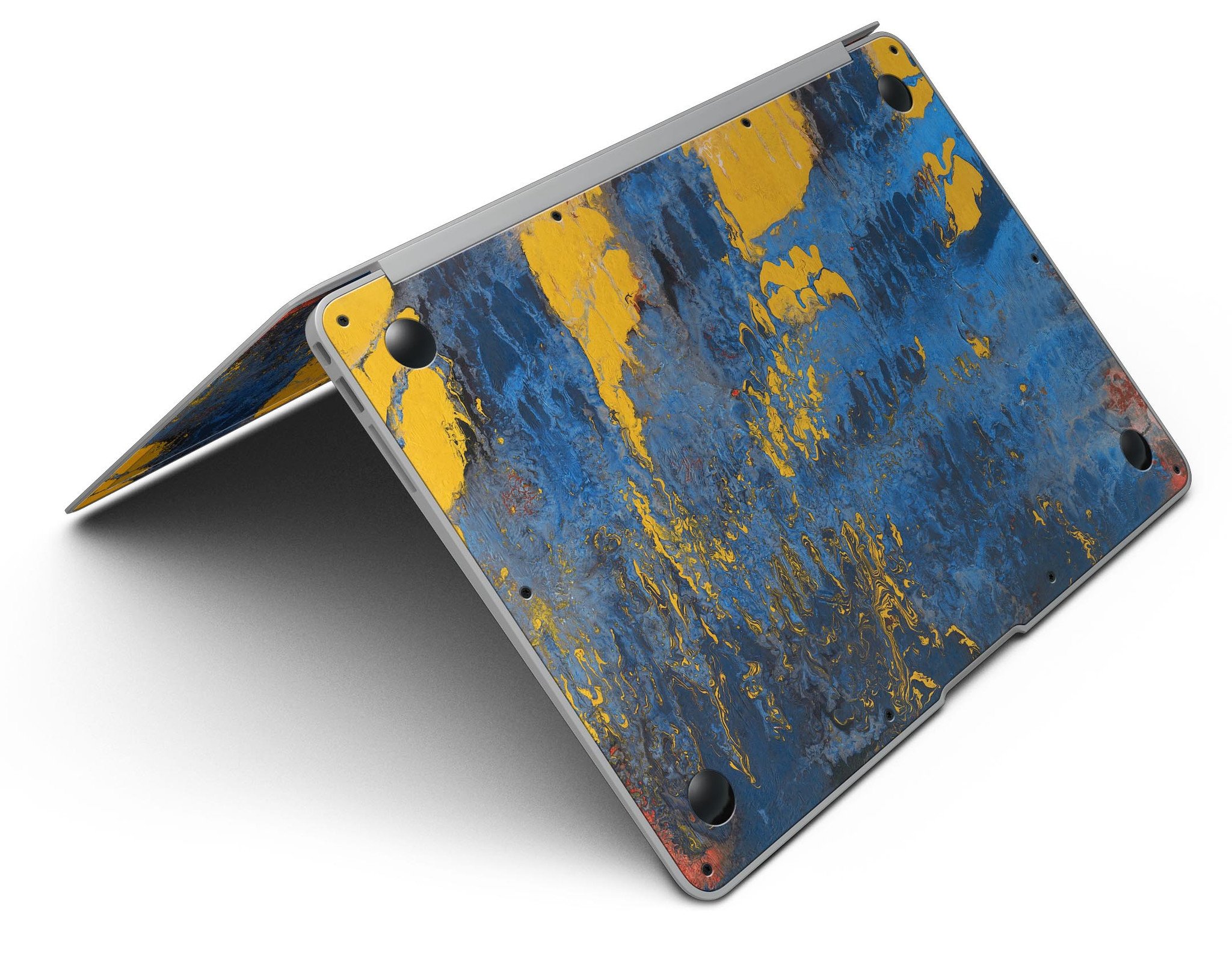 Abstract Blue and Gold Wet Paint skin for MacBook Air, showcasing vibrant colors and artistic design on a sleek device.