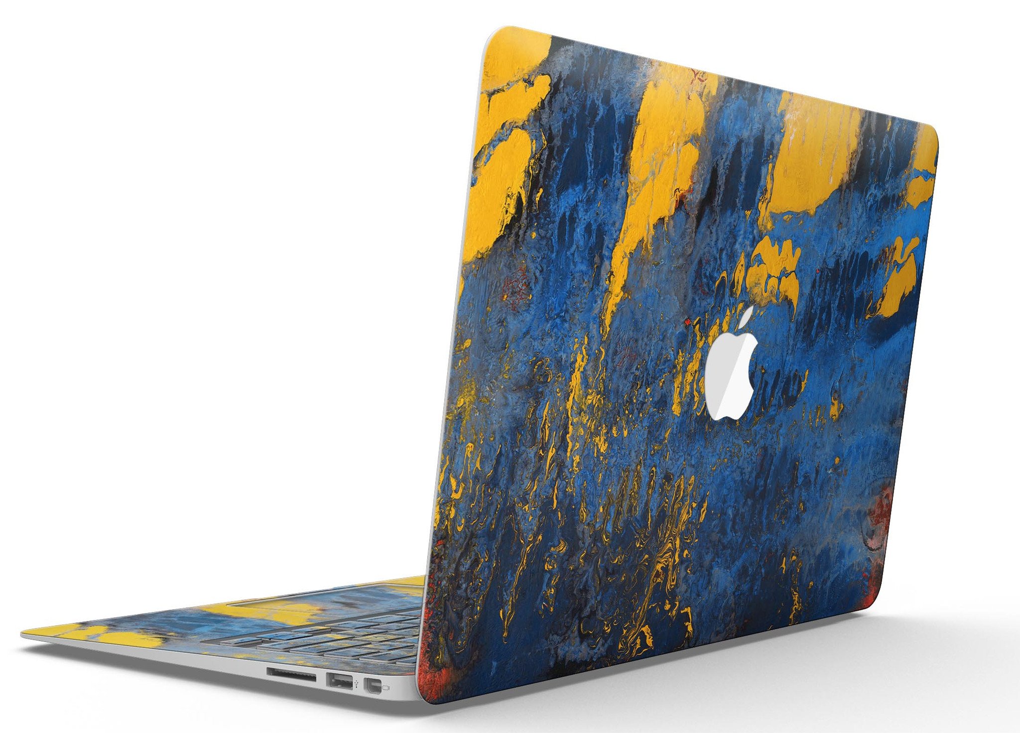 Abstract Blue and Gold Wet Paint skin for MacBook Air, showcasing vibrant colors and artistic design on a sleek device.