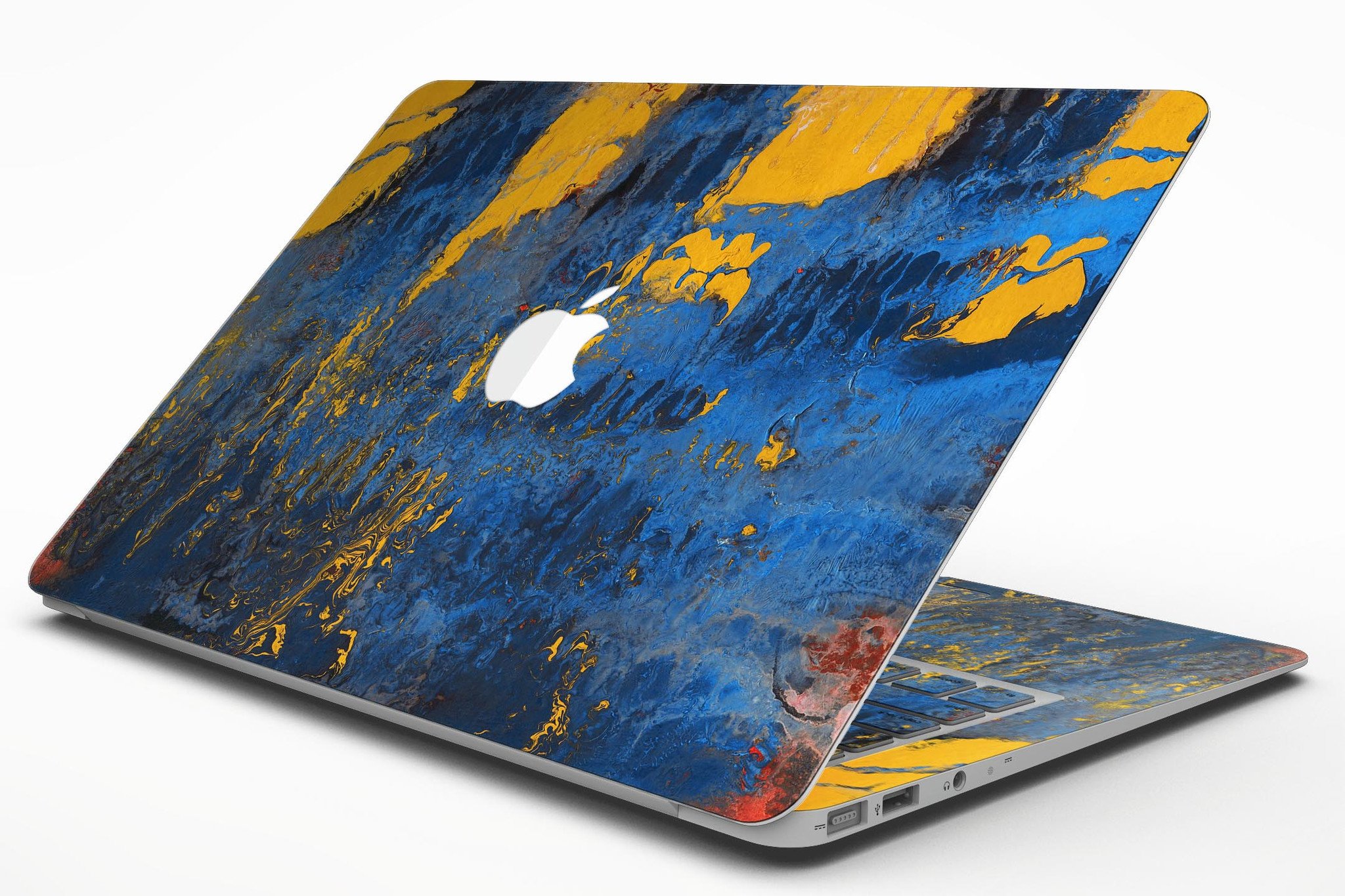 Abstract Blue and Gold Wet Paint skin for MacBook Air, showcasing vibrant colors and artistic design on a sleek device.