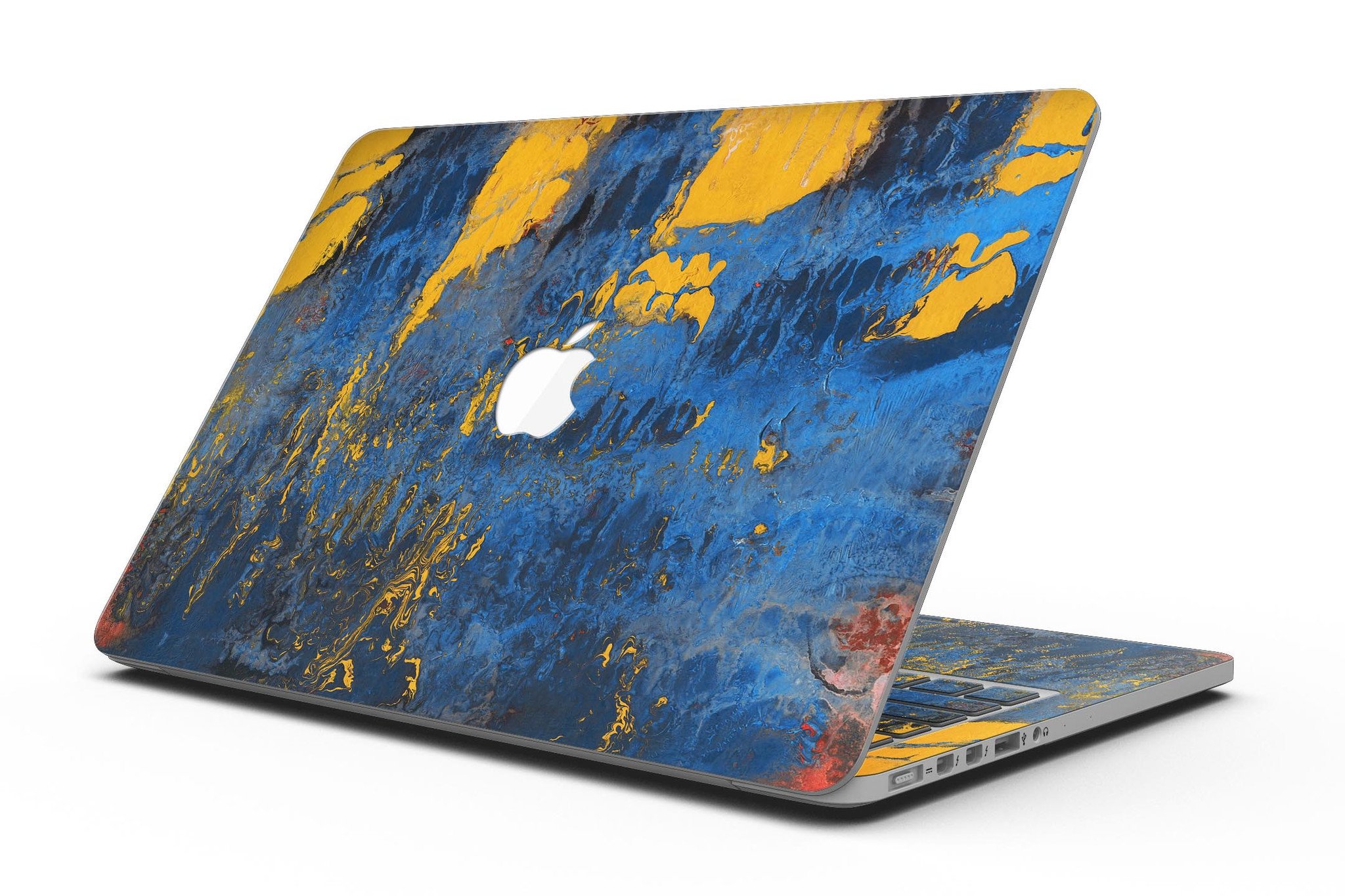 Abstract Blue and Gold Wet Paint skin for MacBook Pro with Retina Display, showcasing vibrant colors and a sleek design.