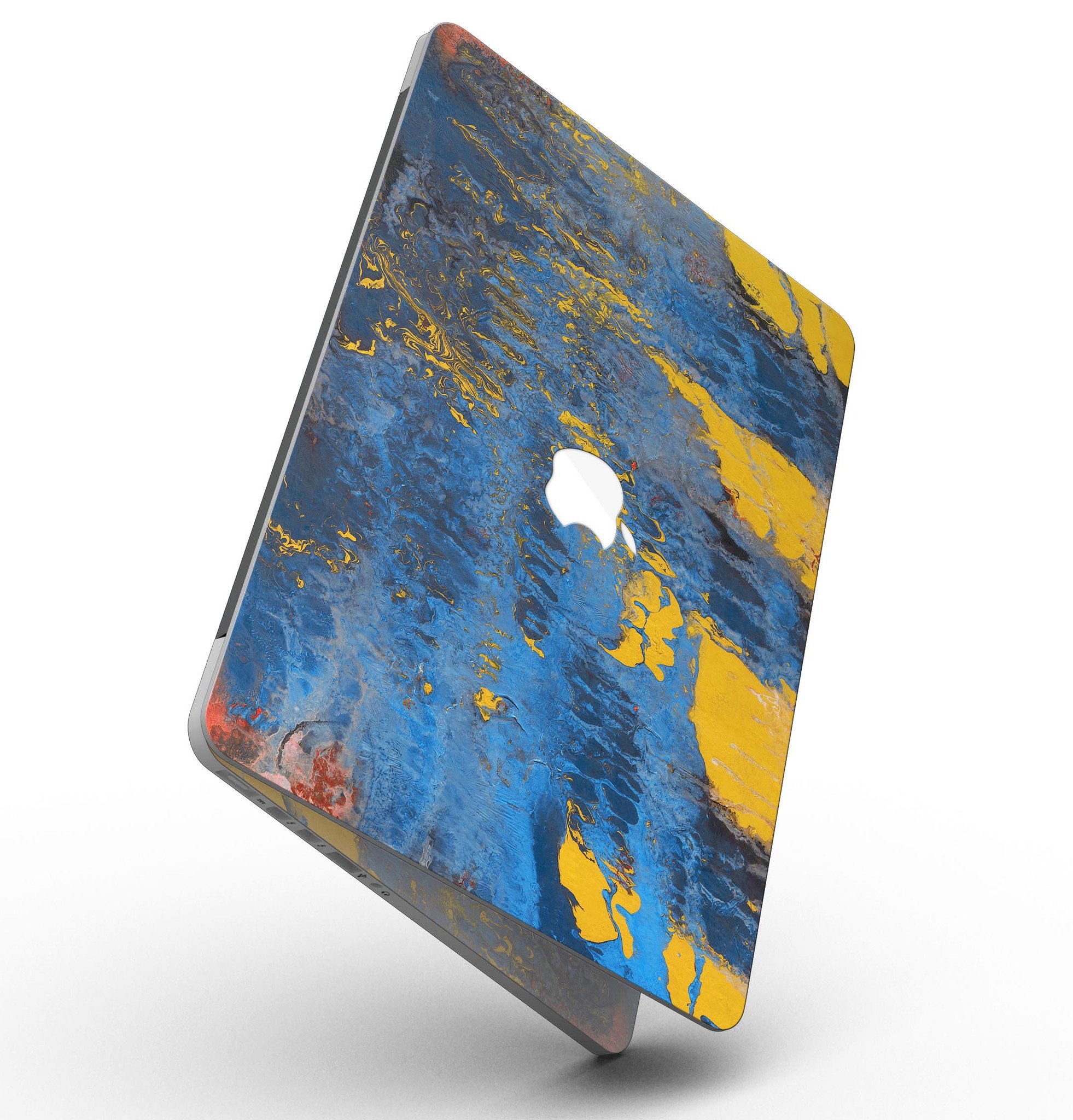 Abstract Blue and Gold Wet Paint skin for MacBook Pro with Retina Display, showcasing vibrant colors and a sleek design.