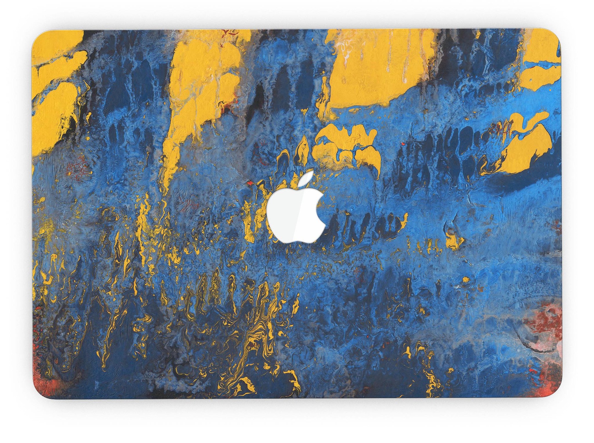 Abstract Blue and Gold Wet Paint skin for MacBook Pro with Retina Display, showcasing vibrant colors and a sleek design.