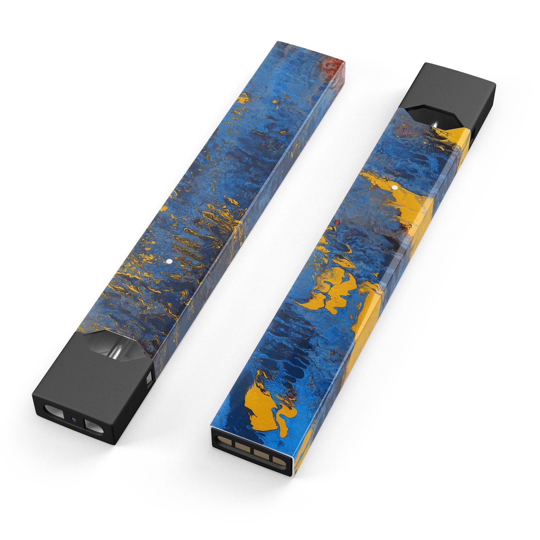 Abstract Blue and Gold Wet Paint skin-wrap for JUUL device, showcasing vibrant colors and sleek design.