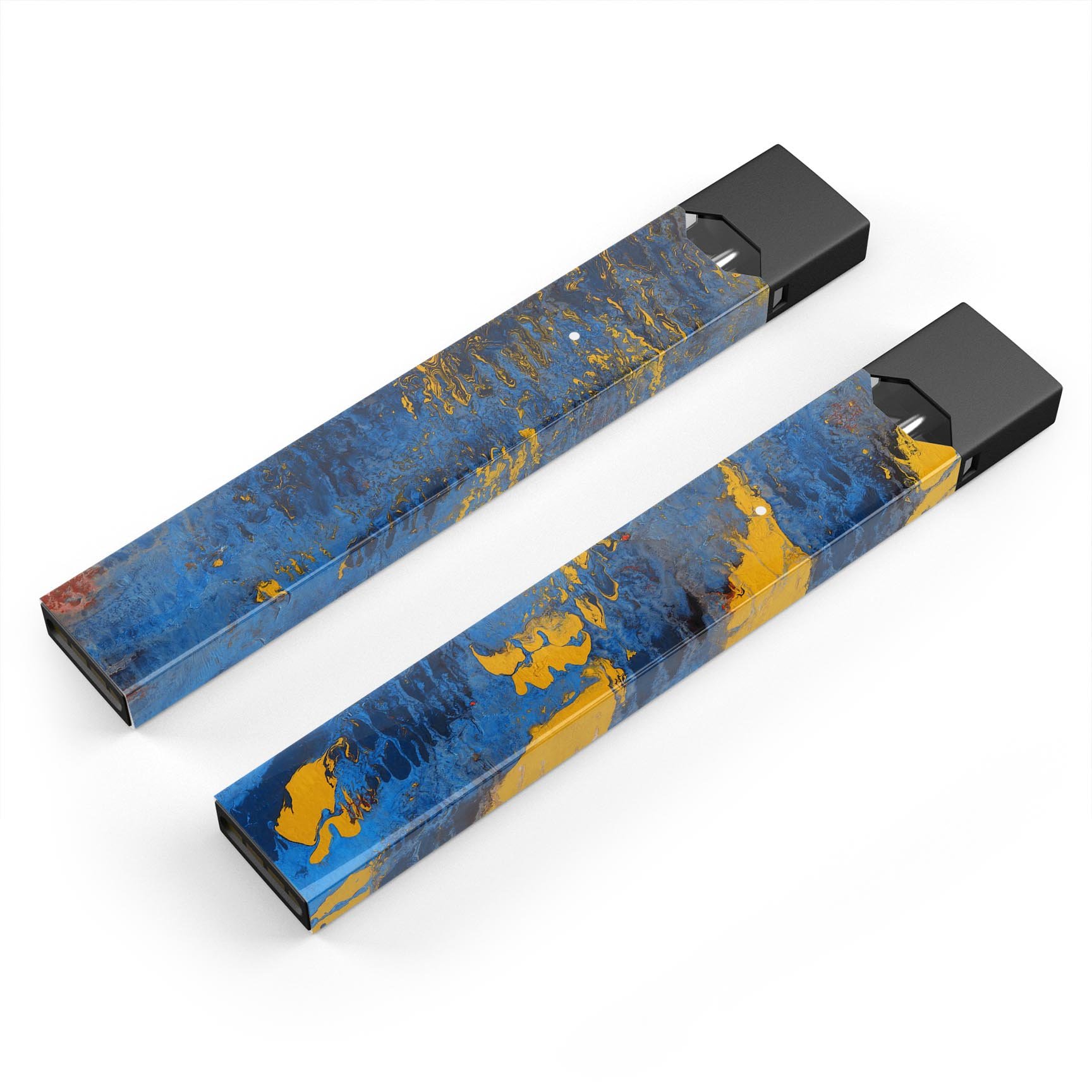 Abstract Blue and Gold Wet Paint skin-wrap for JUUL device, showcasing vibrant colors and sleek design.
