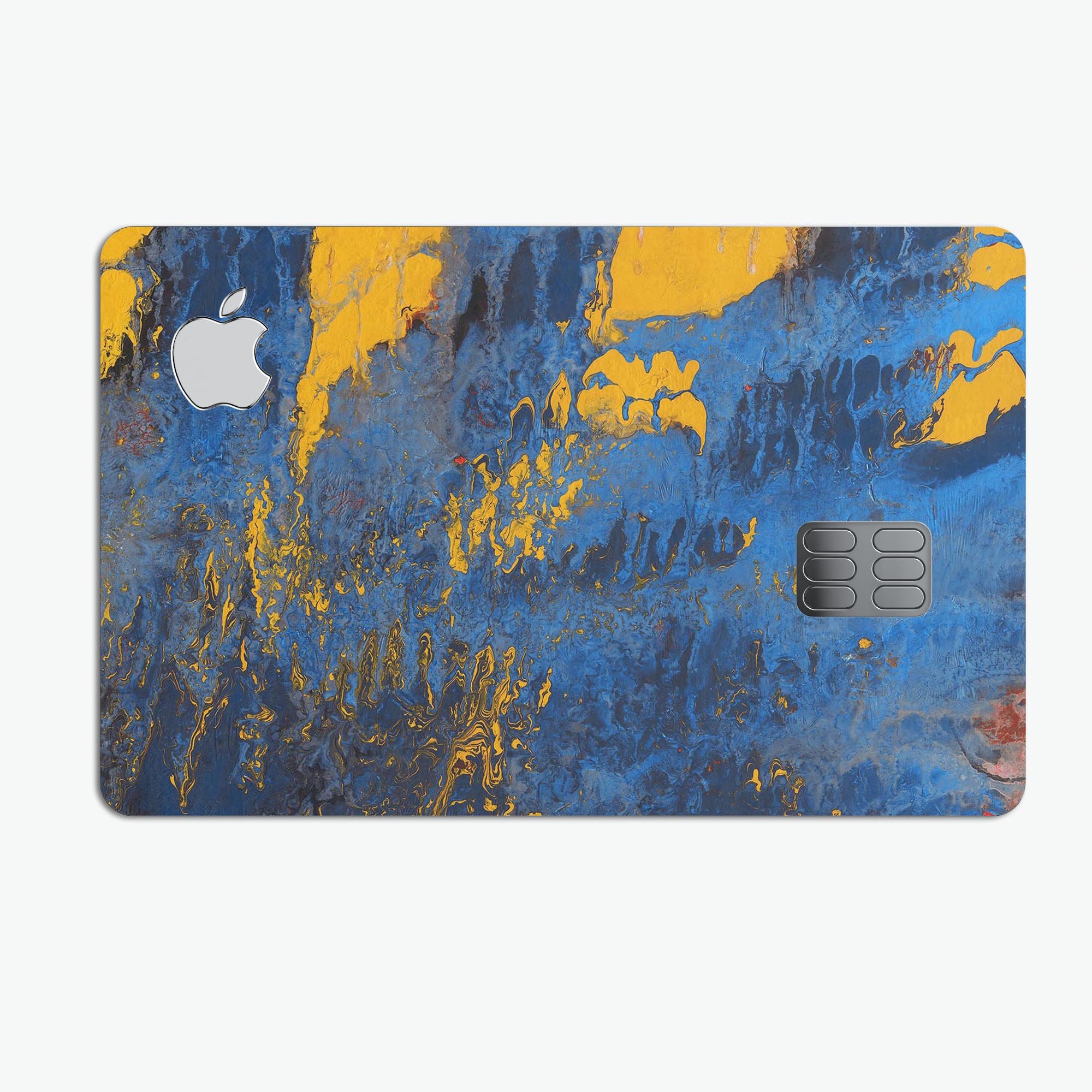 Abstract Blue and Gold Wet Paint skin kit for Apple Card, showcasing vibrant colors and premium vinyl material.