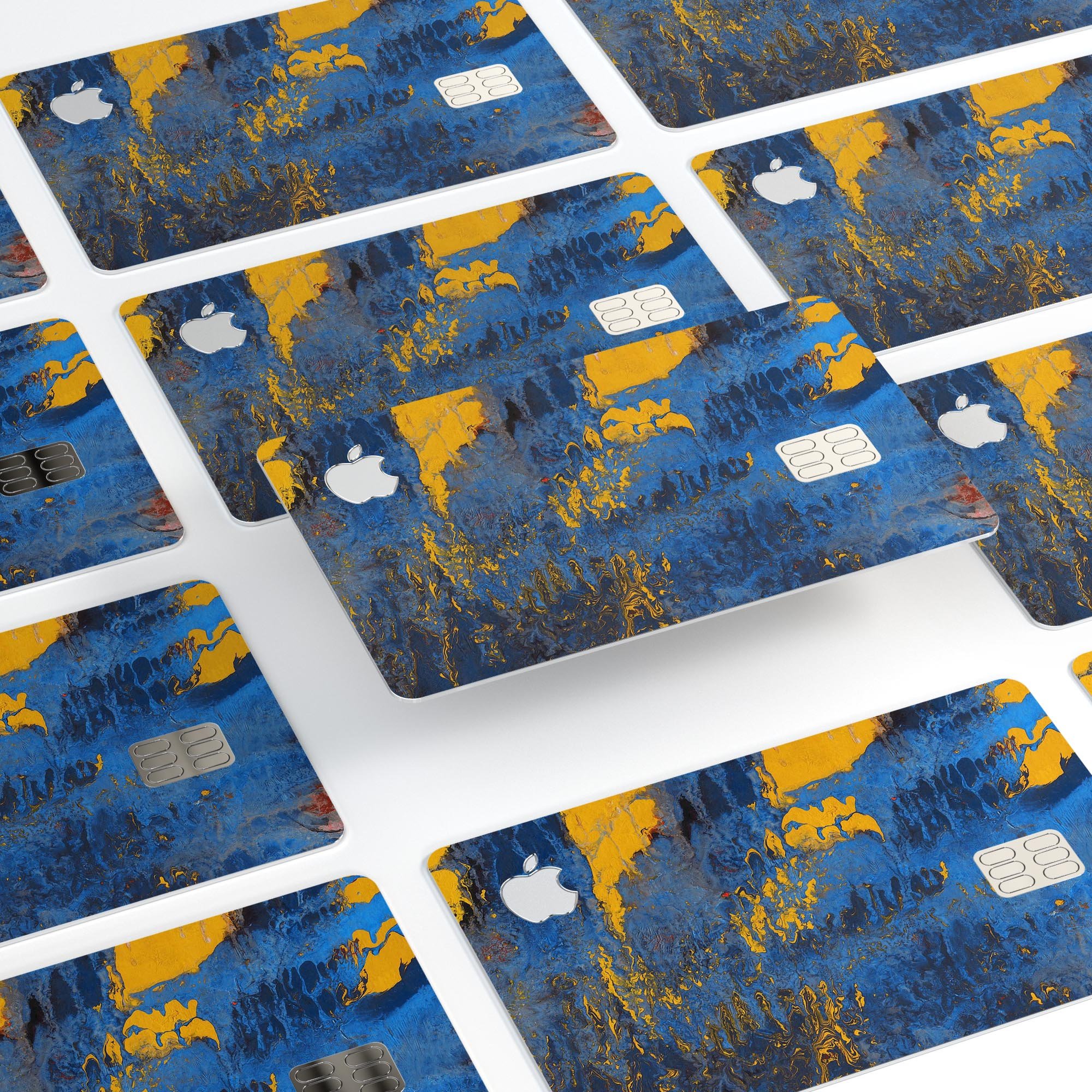 Abstract Blue and Gold Wet Paint skin kit for Apple Card, showcasing vibrant colors and premium vinyl material.