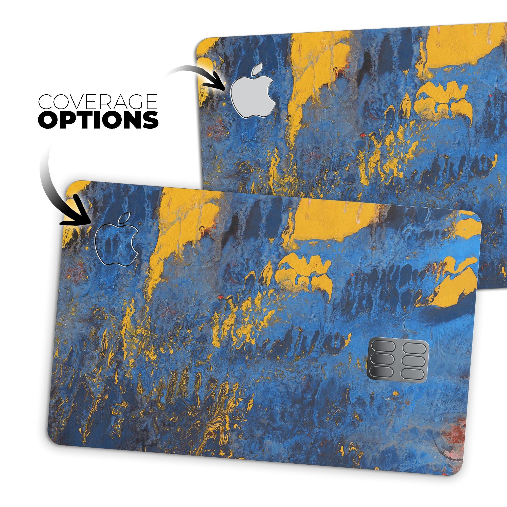 Abstract Blue and Gold Wet Paint skin kit for Apple Card, showcasing vibrant colors and premium vinyl material.