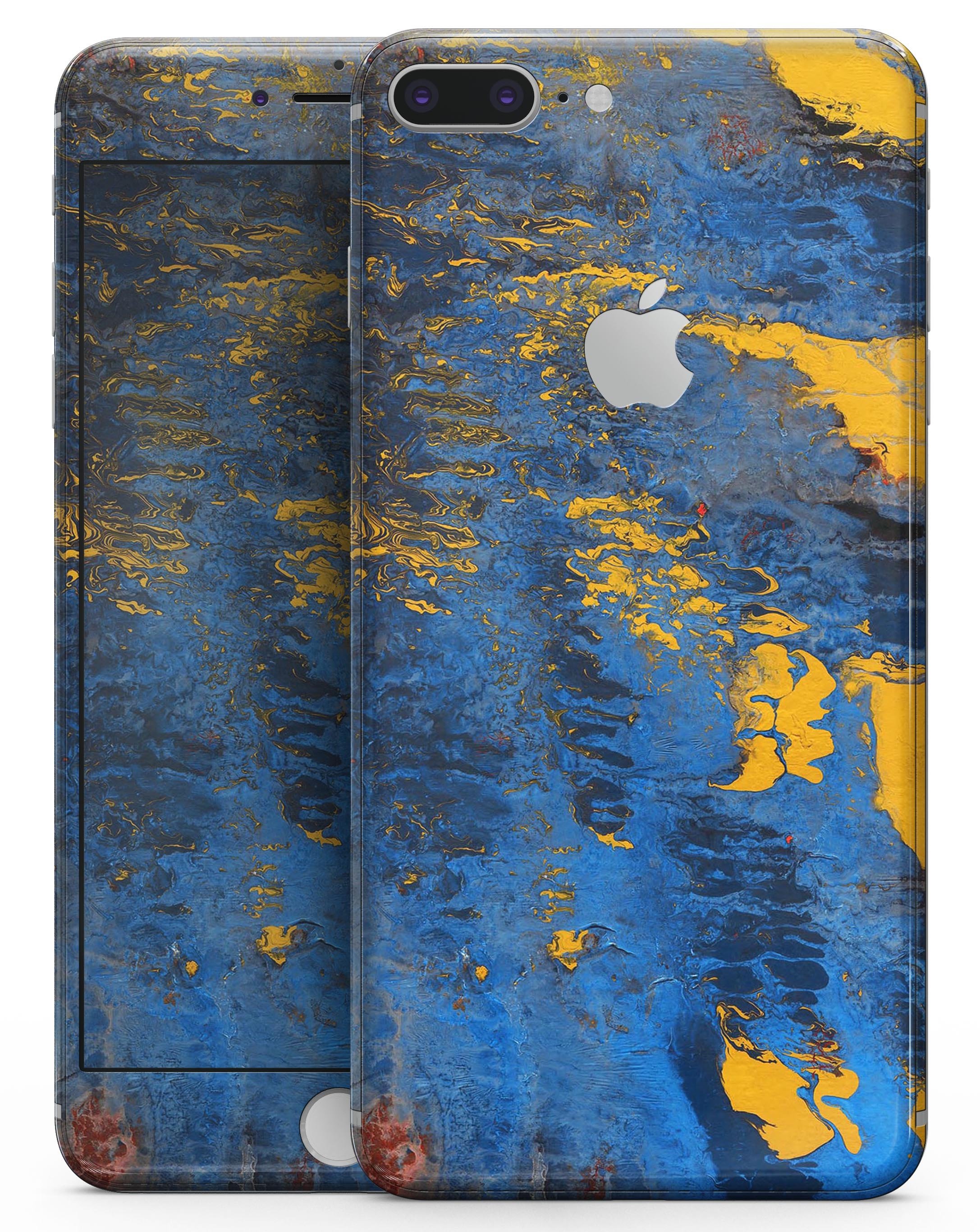 Abstract Blue and Gold Wet Paint skin for iPhone 8 and 8 Plus, showcasing vibrant colors and sleek design.