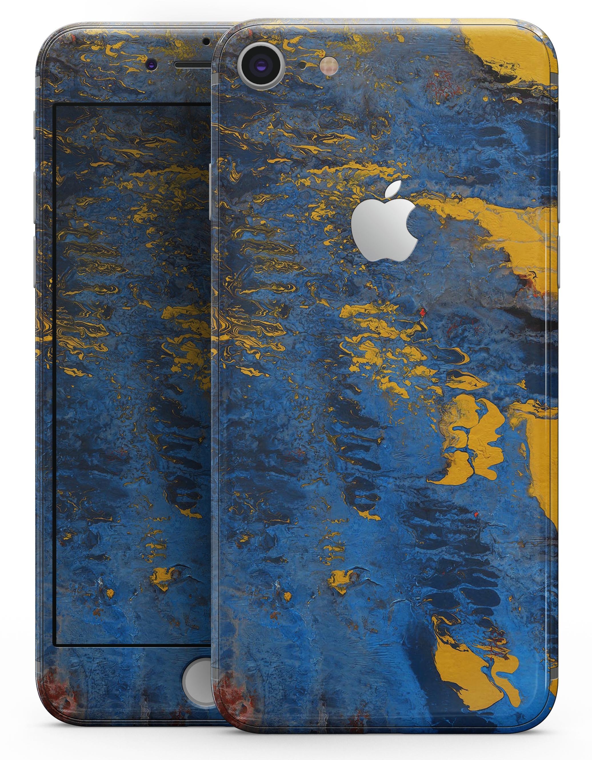 Abstract Blue and Gold Wet Paint skin for iPhone 8 and 8 Plus, showcasing vibrant colors and sleek design.