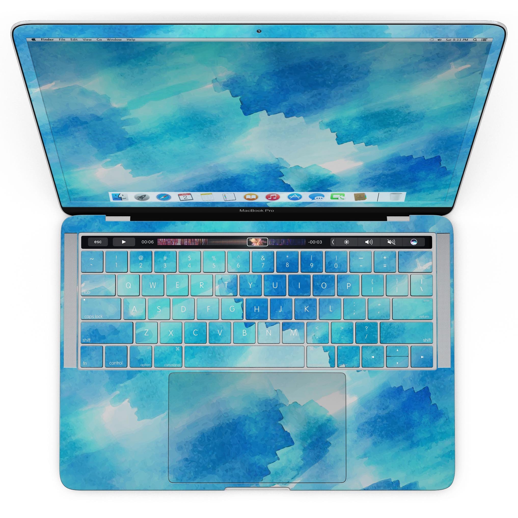 Abstract Blue Stroked Watercolour skin for MacBook Pro with Touch Bar, showcasing vibrant blue strokes on a sleek vinyl surface.