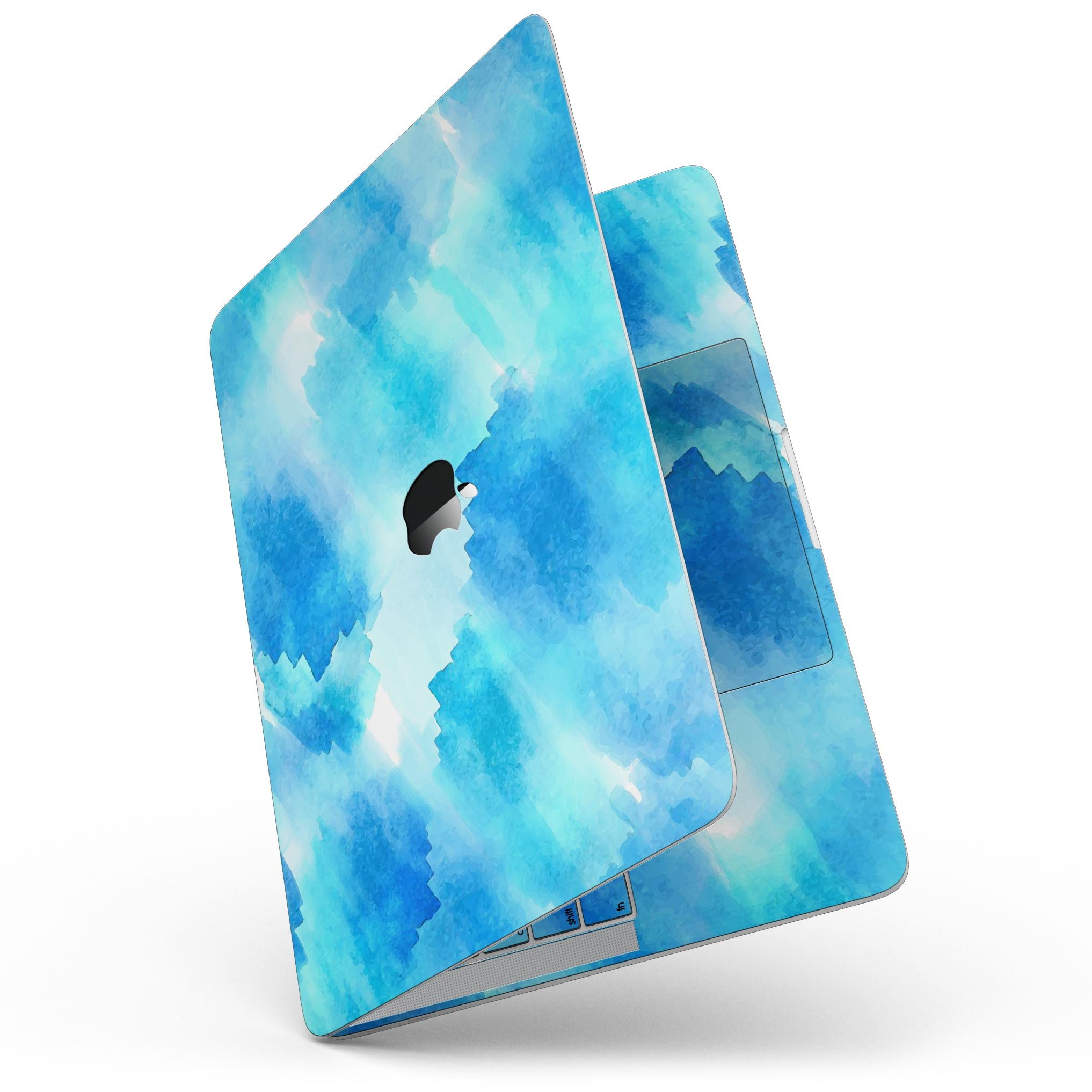 Abstract Blue Stroked Watercolour skin for MacBook Pro with Touch Bar, showcasing vibrant blue strokes on a sleek vinyl surface.