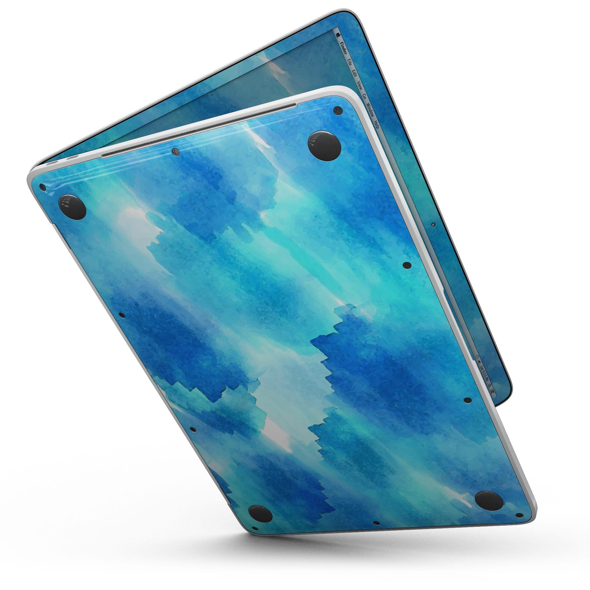 Abstract Blue Stroked Watercolour skin for MacBook Pro with Touch Bar, showcasing vibrant blue strokes on a sleek vinyl surface.