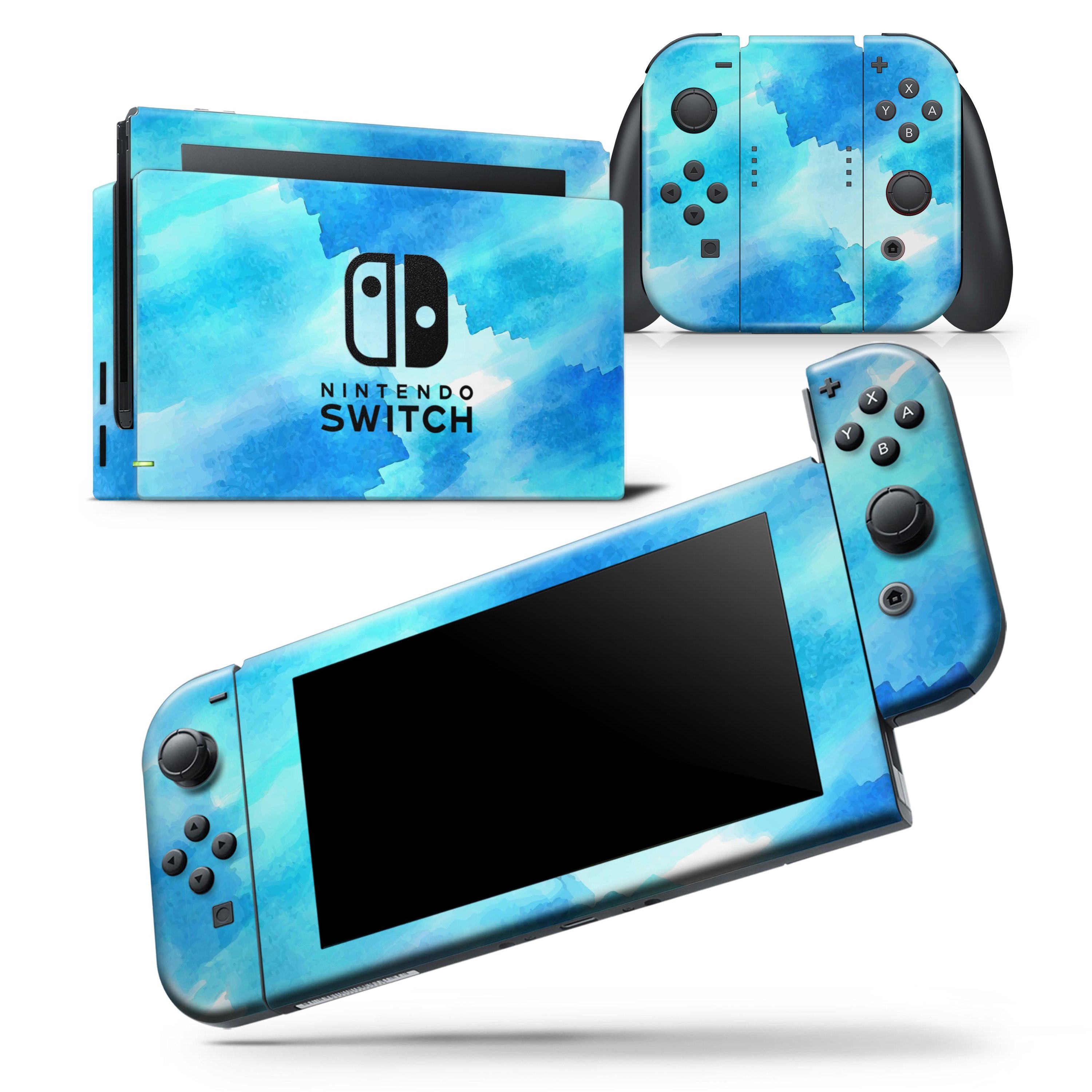 Abstract Blue Stroked Watercolour skin wrap decal for Nintendo Switch, showcasing vibrant colors and a sleek design.