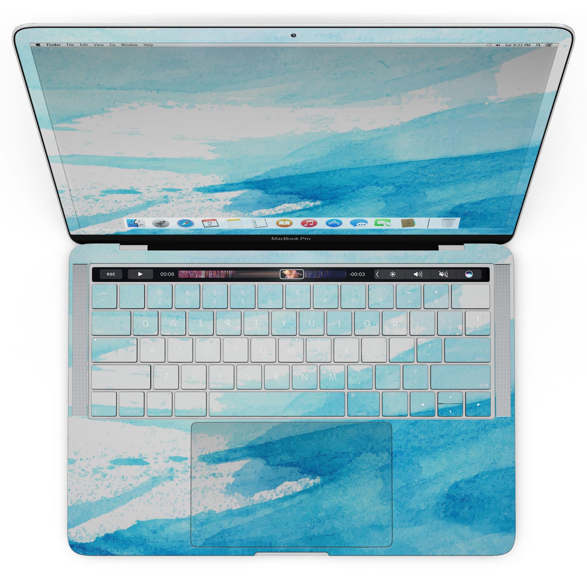 Abstract Blue Strokes skin kit for MacBook Pro with Touch Bar, showcasing vibrant blue strokes on a sleek vinyl surface.