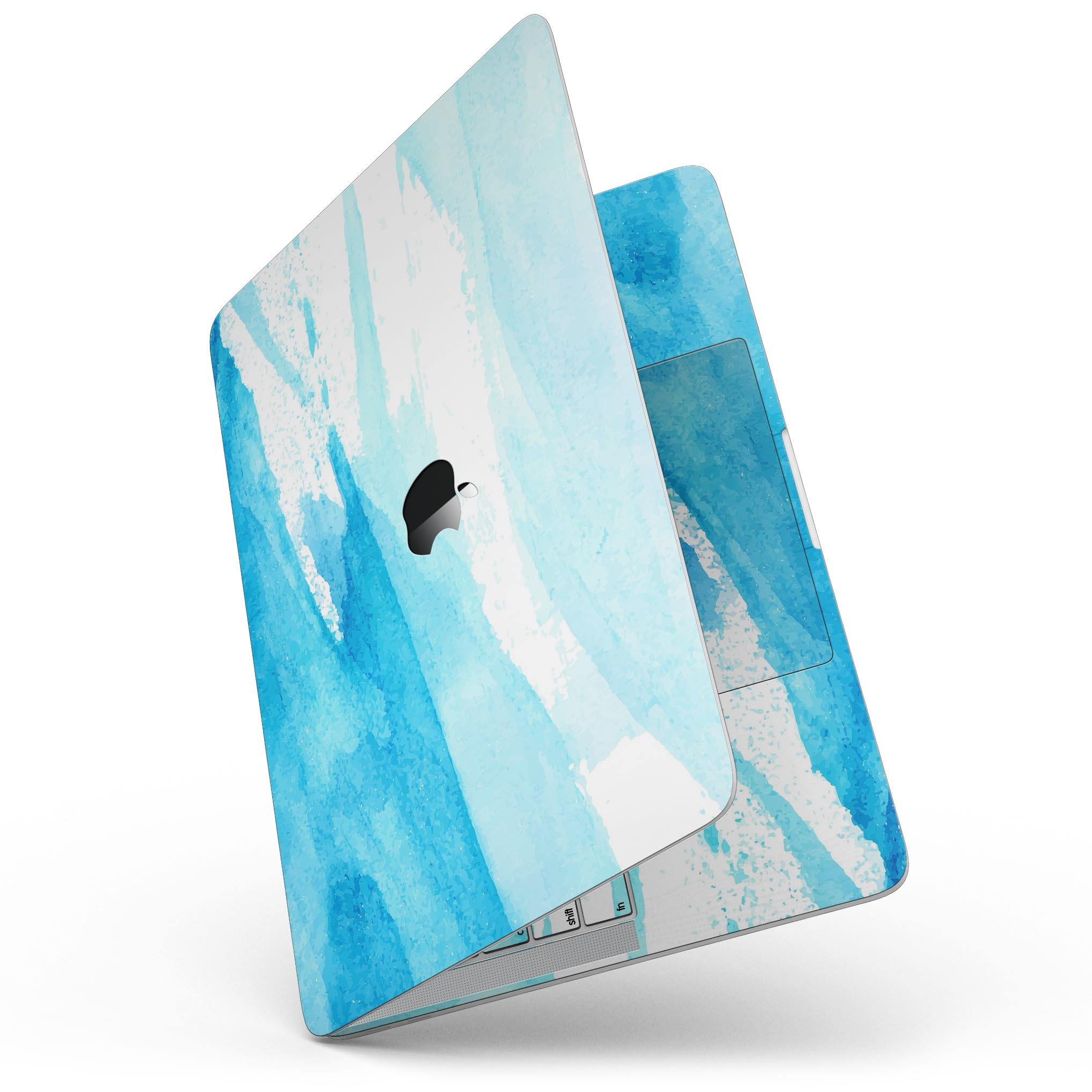 Abstract Blue Strokes skin kit for MacBook Pro with Touch Bar, showcasing vibrant blue strokes on a sleek vinyl surface.