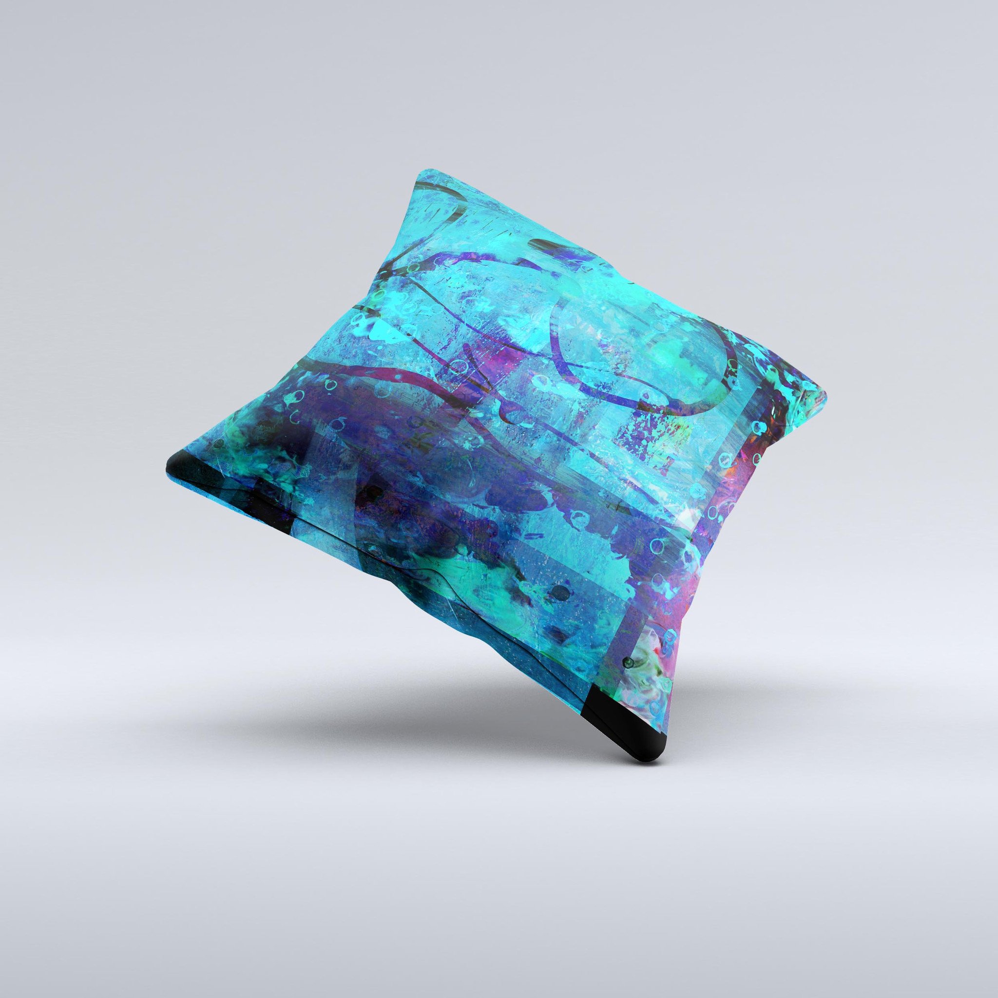 Abstract blue vibrant colored art throw pillow with unique design, handcrafted in Virginia, showcasing artistic imperfections.